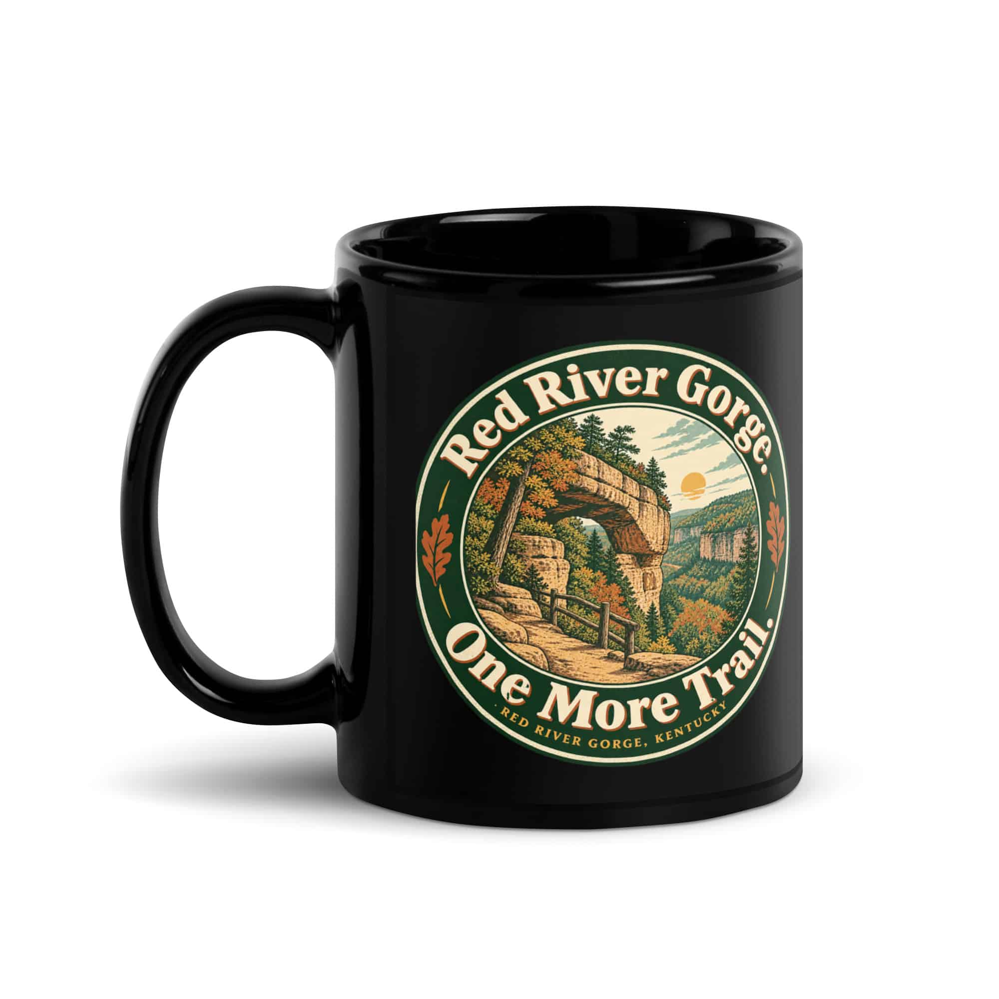 Red River Gorge Black Coffee Mug: Red River Gorge. One More Trail, Vintage Round Badge