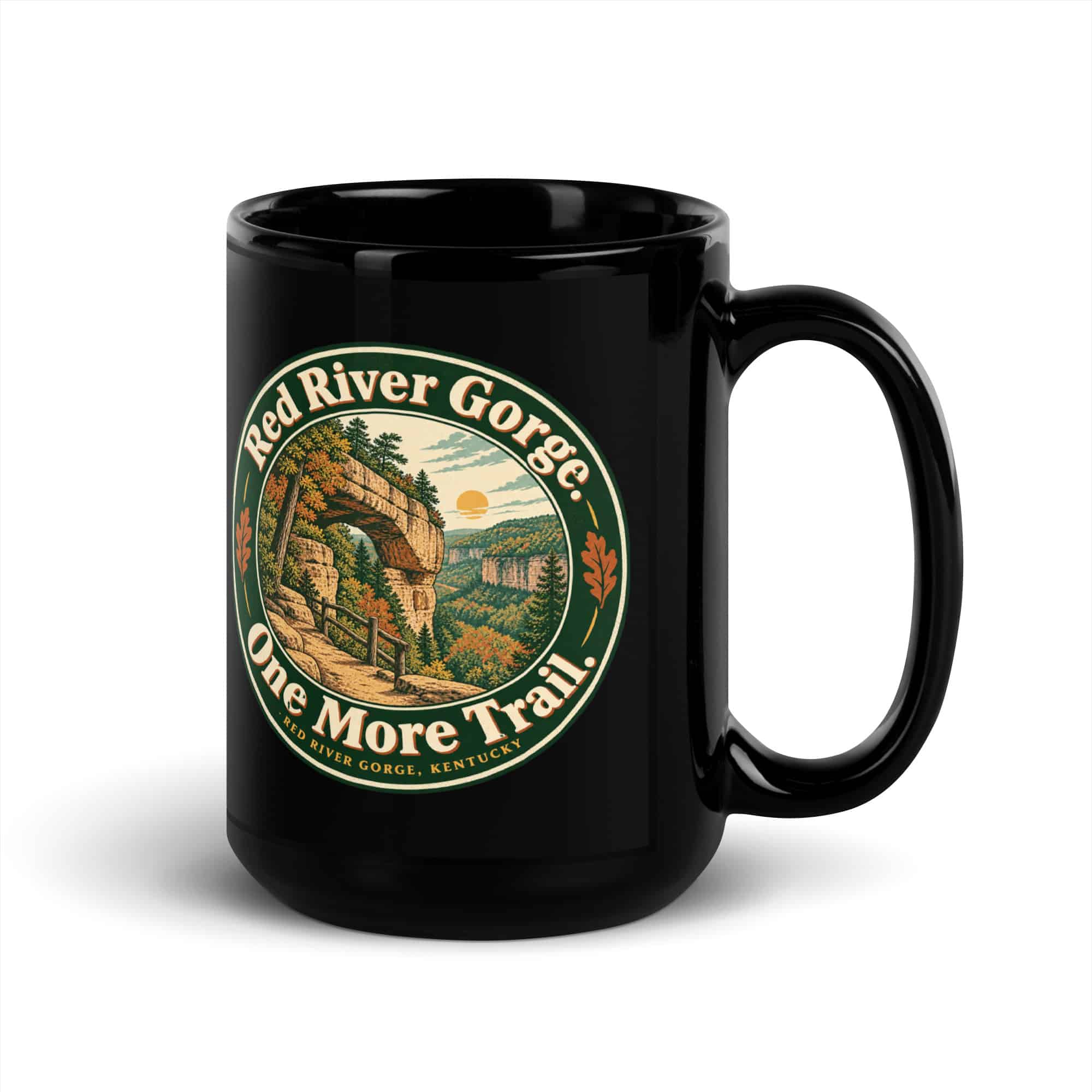 Red River Gorge Black Coffee Mug: Red River Gorge. One More Trail, Vintage Round Badge