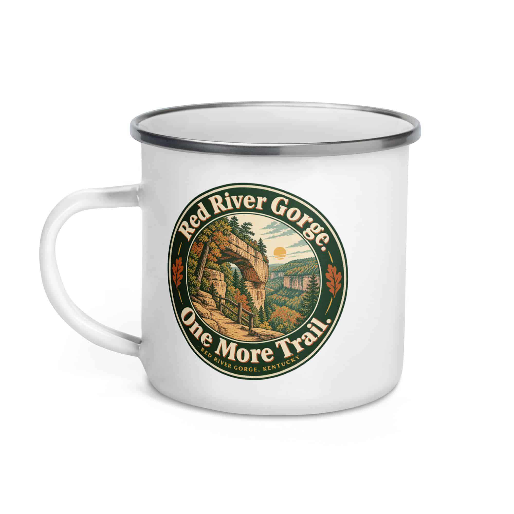 Red River Gorge Enamel Camp Mug: Red River Gorge. One More Trail, Vintage Round Badge