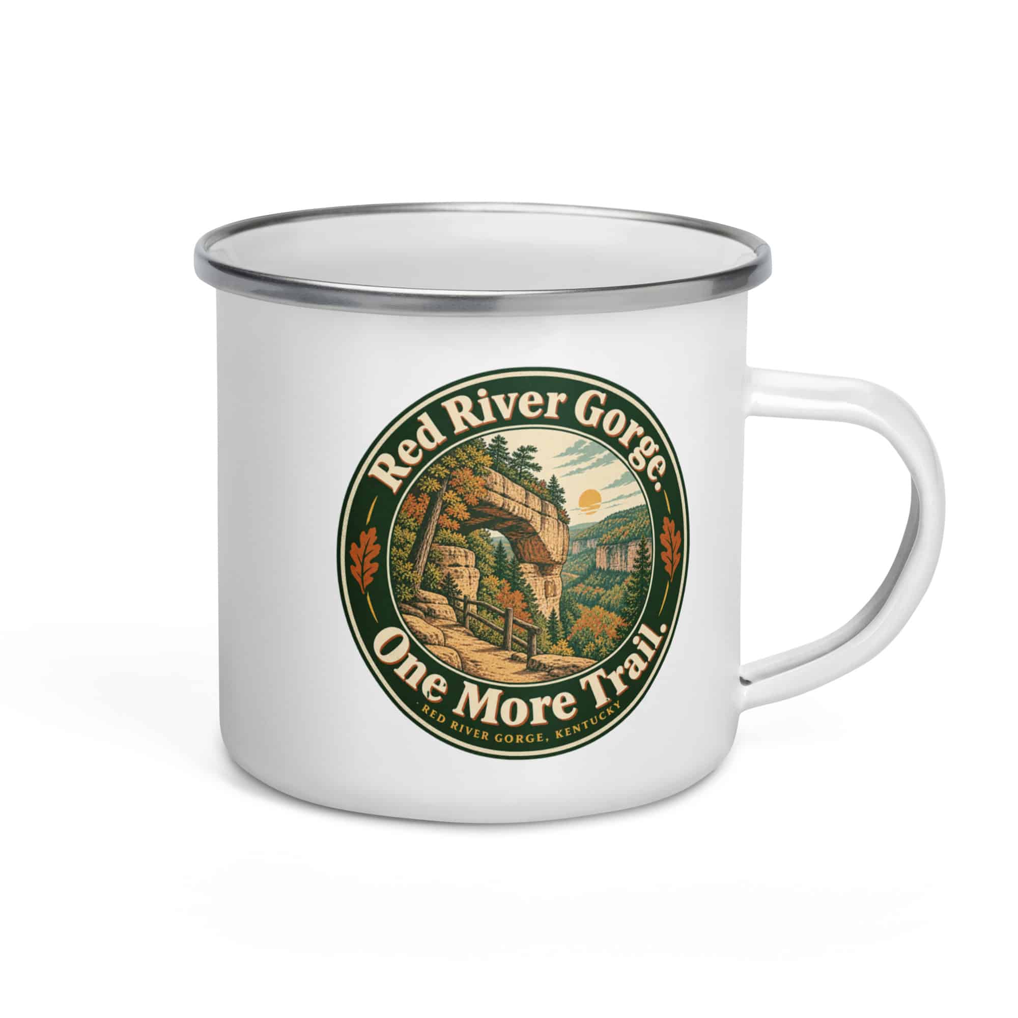 Red River Gorge Enamel Camp Mug: Red River Gorge. One More Trail, Vintage Round Badge