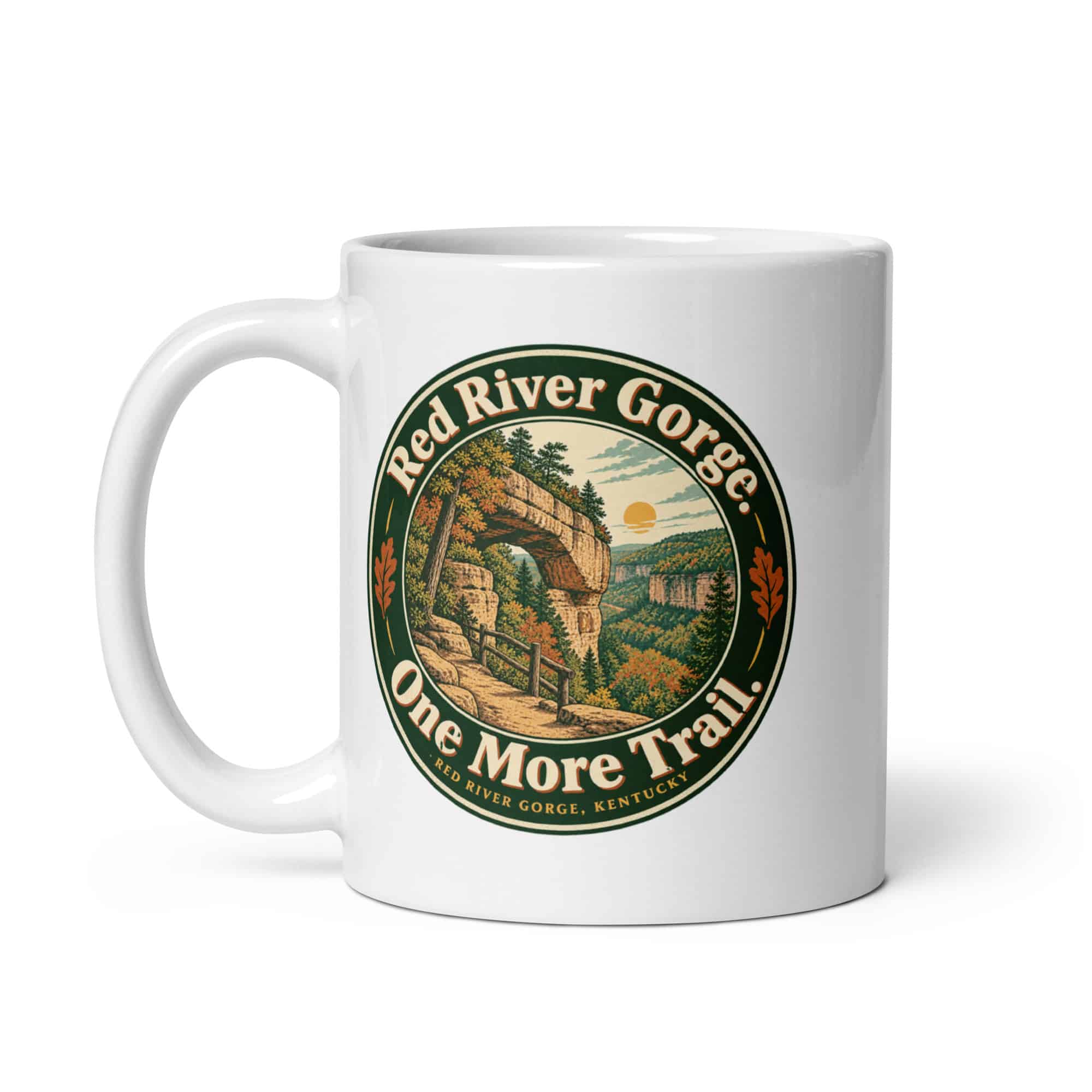 Red River Gorge White Ceramic Coffee Mug: Red River Gorge. One More Trail, Vintage Round Badge