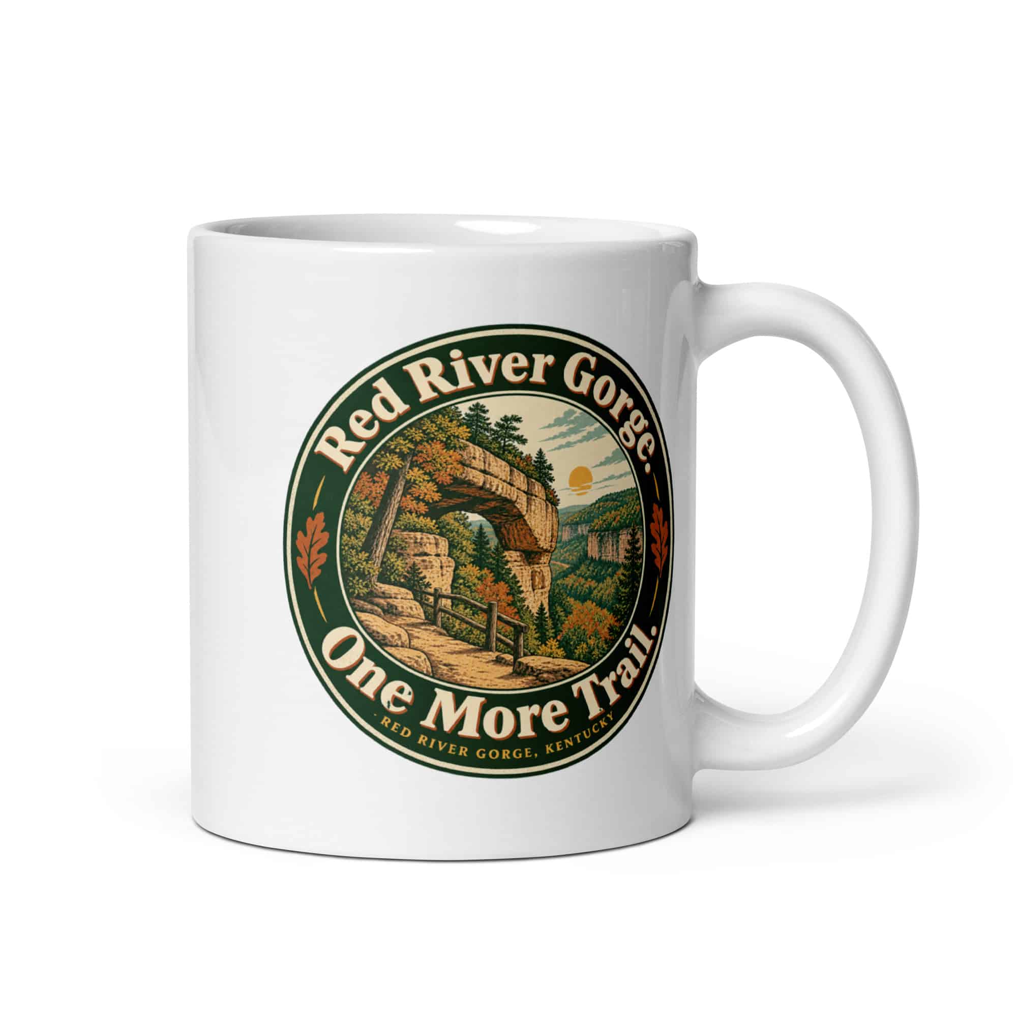 Red River Gorge White Ceramic Coffee Mug: Red River Gorge. One More Trail, Vintage Round Badge
