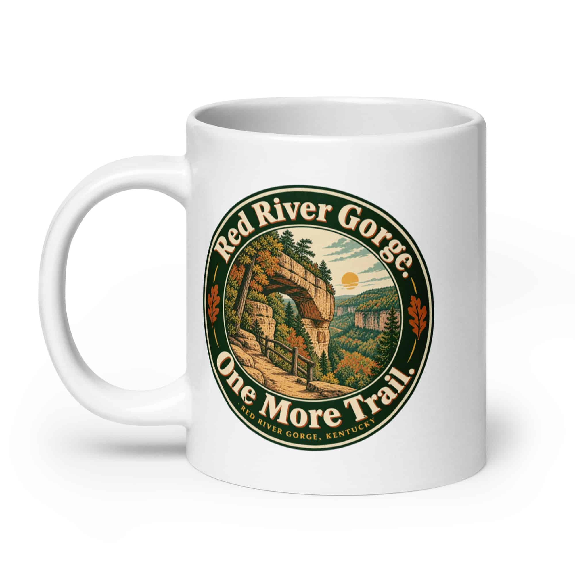 Red River Gorge White Ceramic Coffee Mug: Red River Gorge. One More Trail, Vintage Round Badge