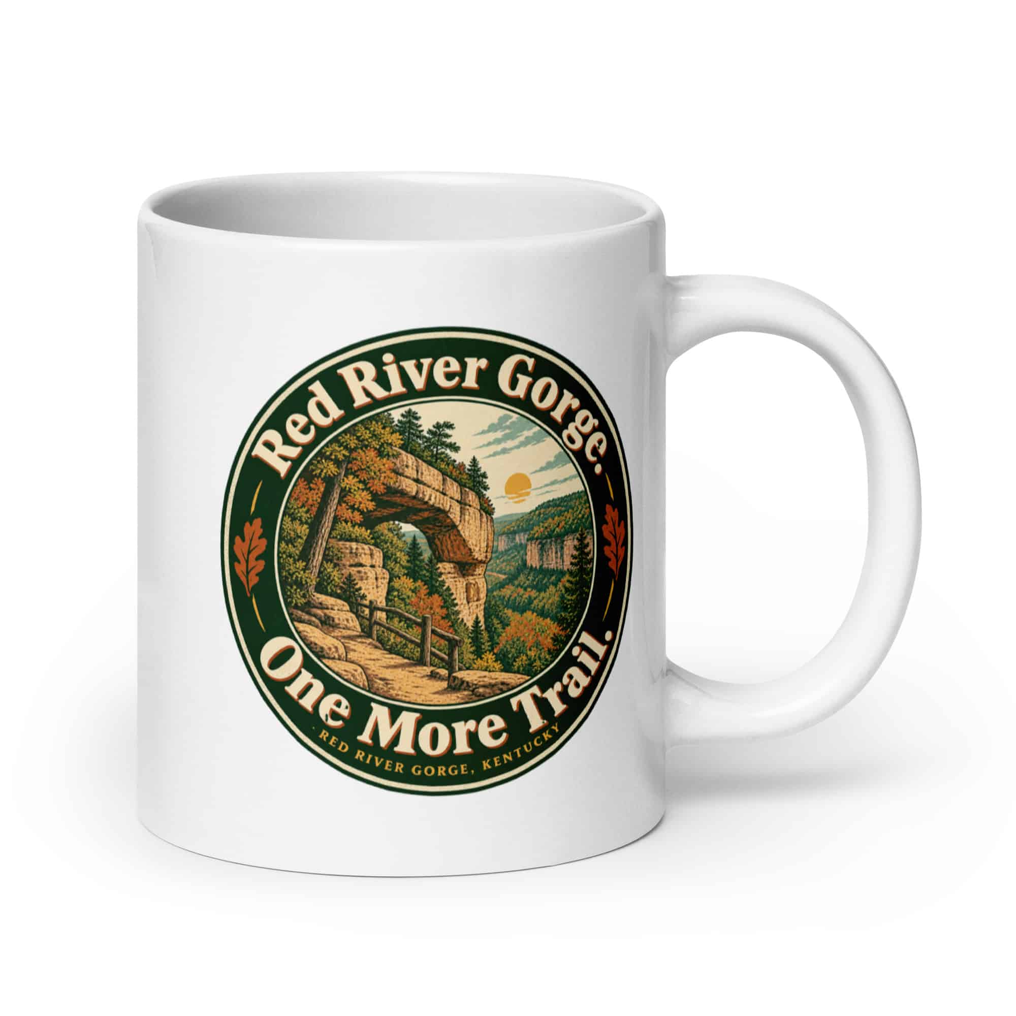 Red River Gorge White Ceramic Coffee Mug: Red River Gorge. One More Trail, Vintage Round Badge