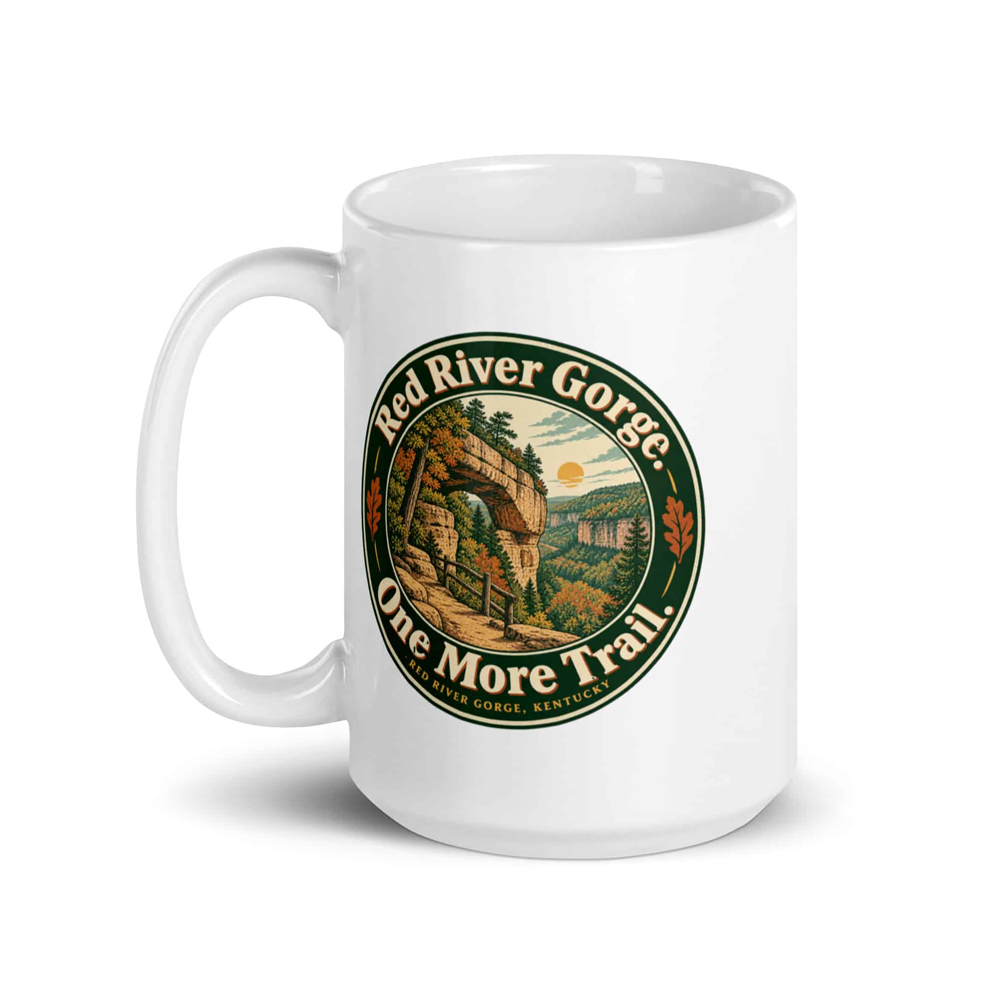 Red River Gorge White Ceramic Coffee Mug: Red River Gorge. One More Trail, Vintage Round Badge