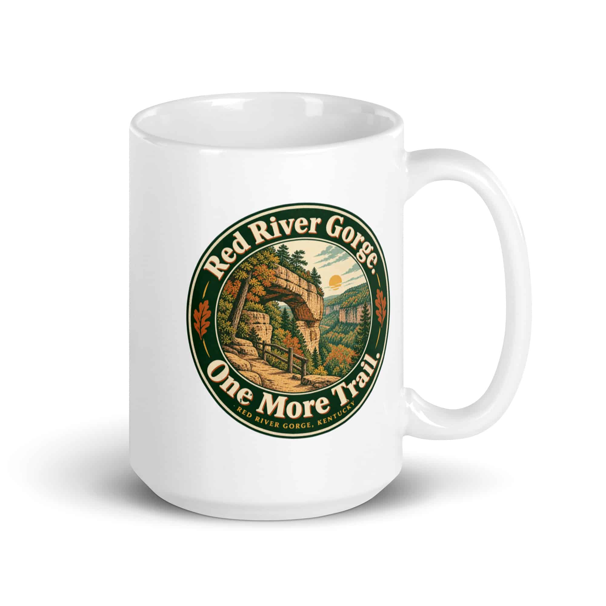 Red River Gorge White Ceramic Coffee Mug: Red River Gorge. One More Trail, Vintage Round Badge