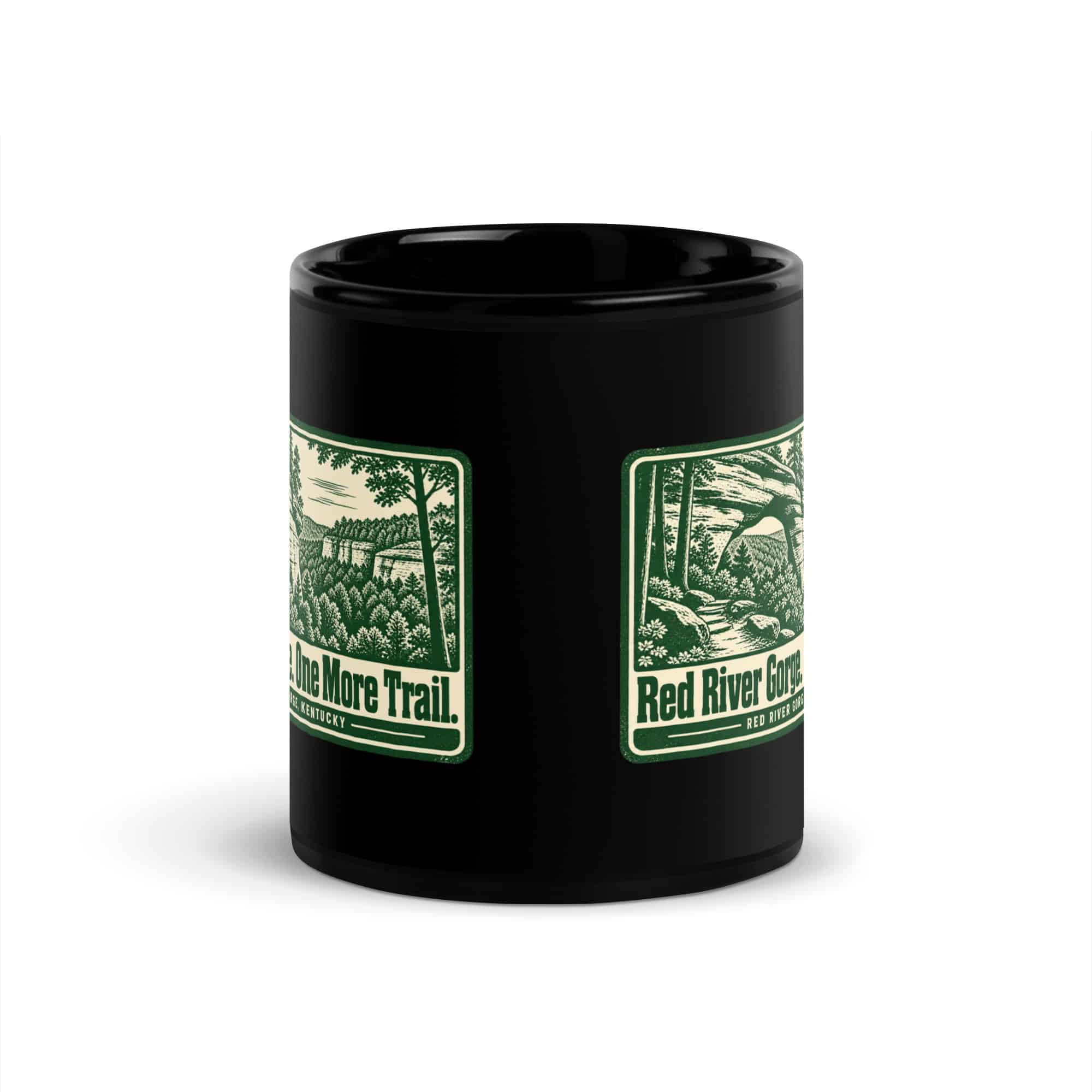 Red River Gorge Black Coffee Mug: Red River Gorge. One More Trail, Forest Ink Stamp