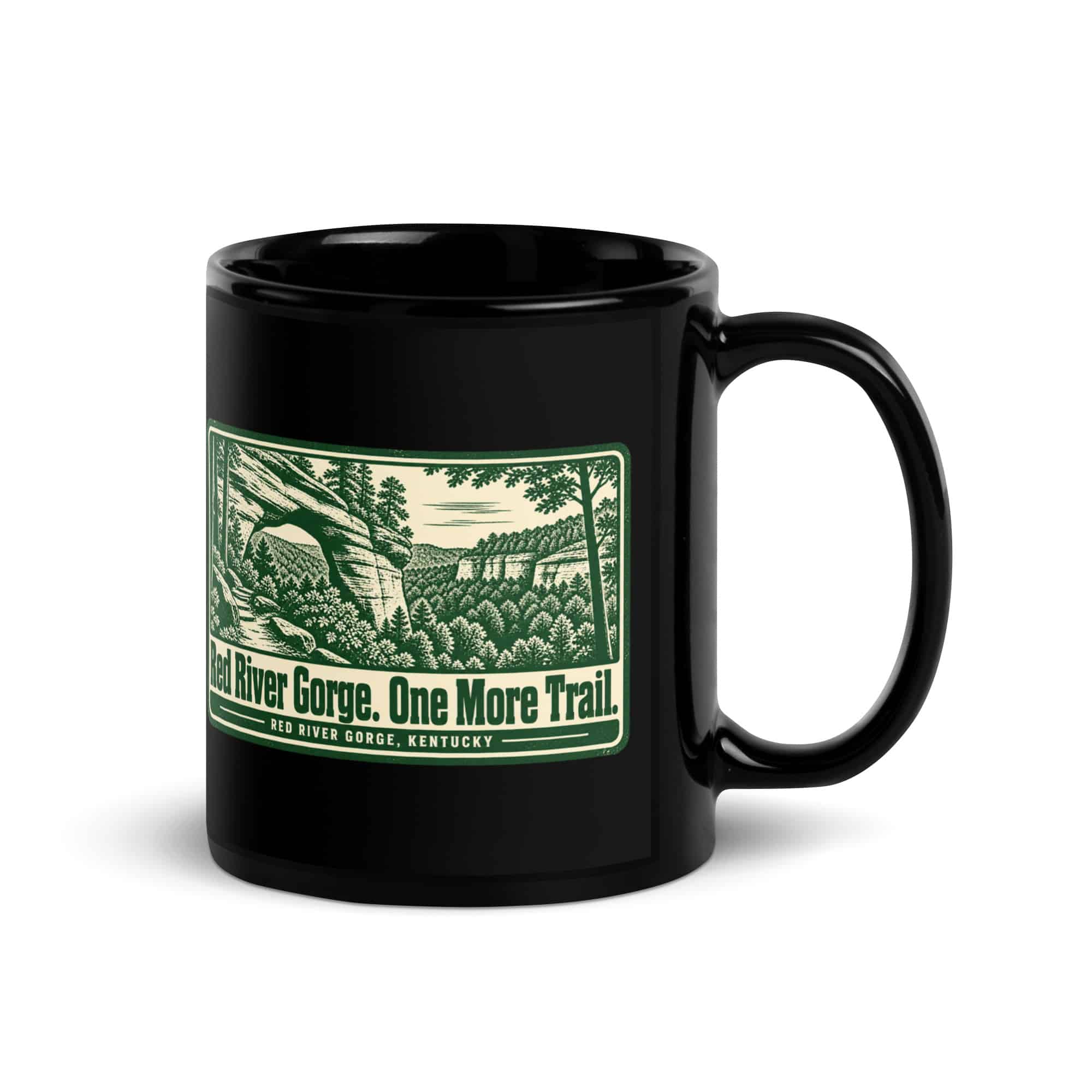 Red River Gorge Black Coffee Mug: Red River Gorge. One More Trail, Forest Ink Stamp