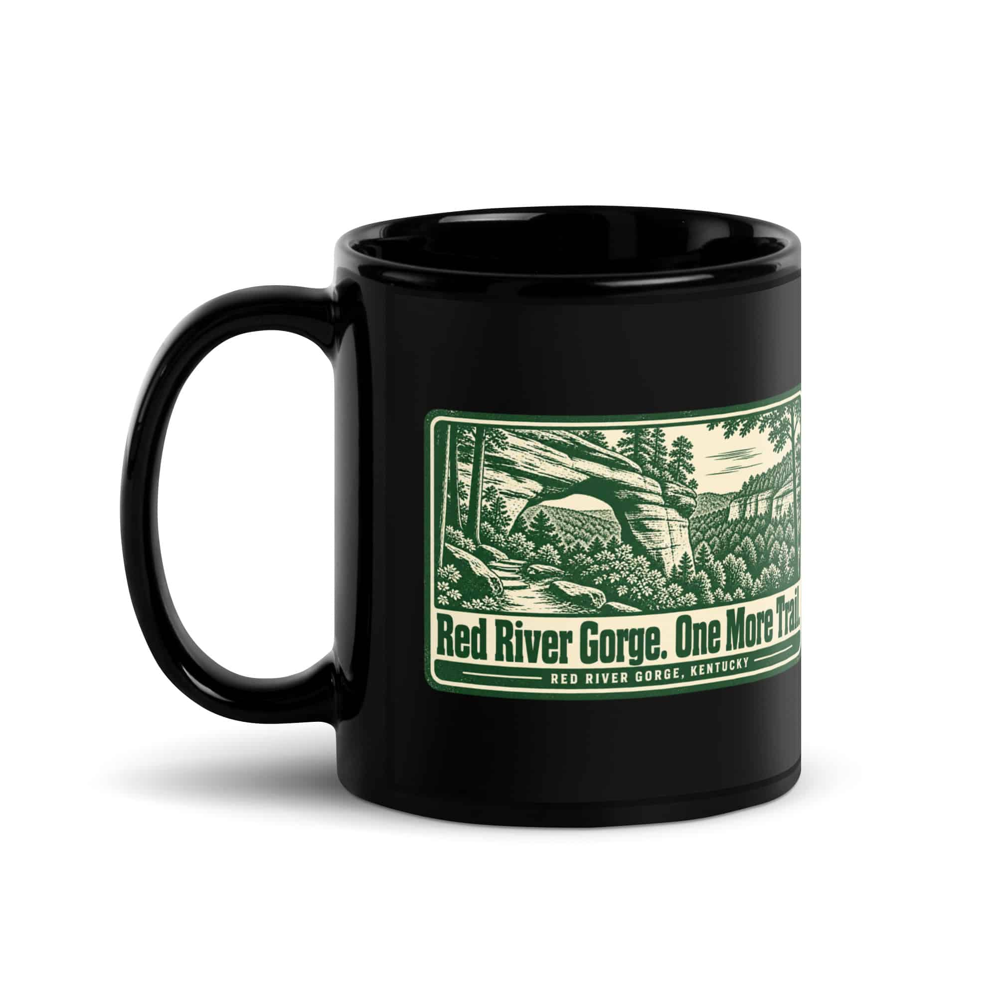 Red River Gorge Black Coffee Mug: Red River Gorge. One More Trail, Forest Ink Stamp