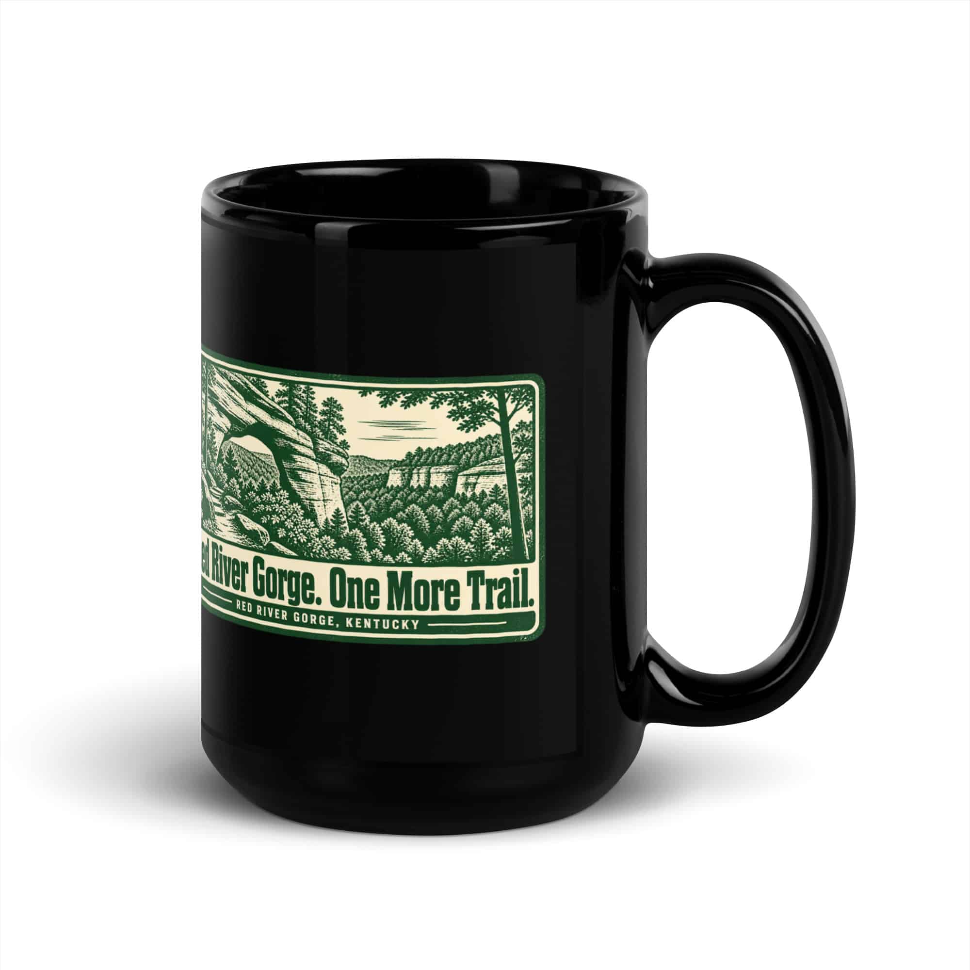 Red River Gorge Black Coffee Mug: Red River Gorge. One More Trail, Forest Ink Stamp