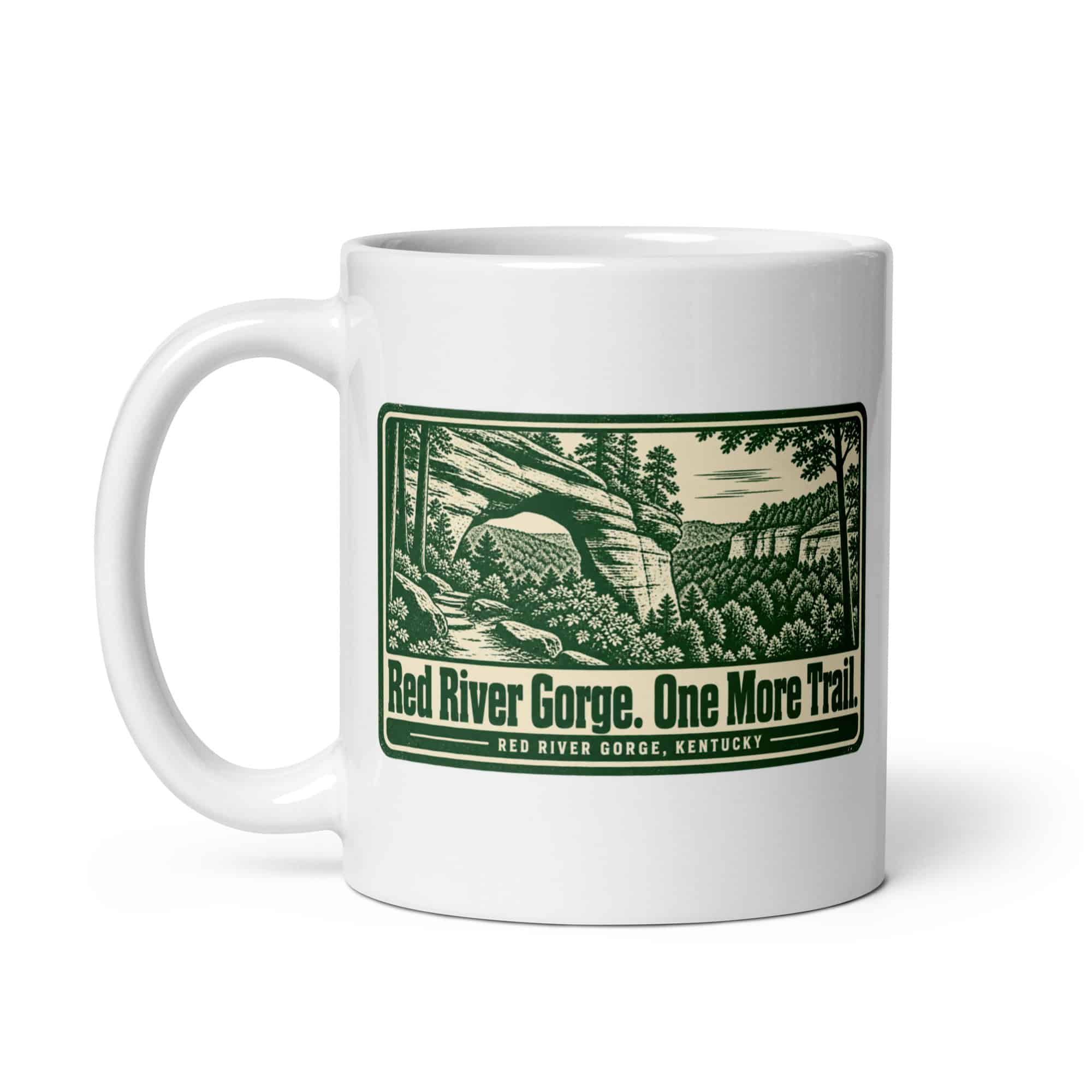 Red River Gorge White Ceramic Coffee Mug: Red River Gorge. One More Trail, Forest Ink Stamp