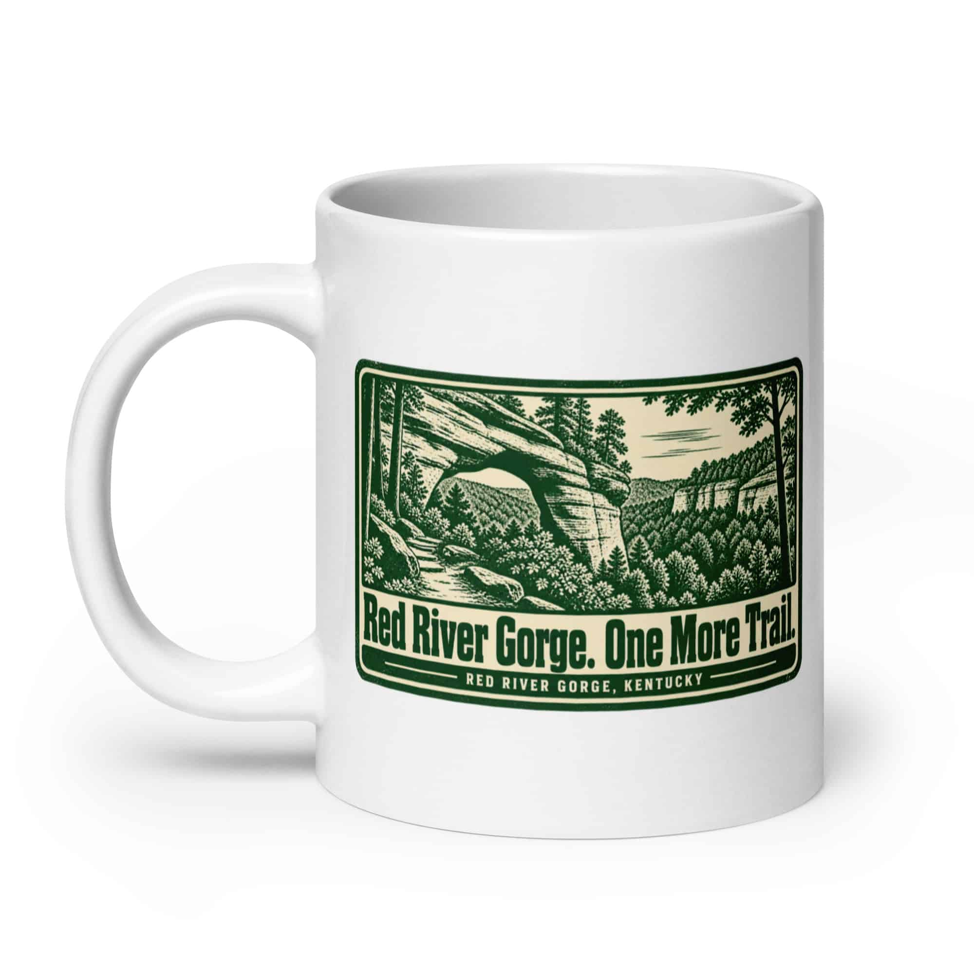 Red River Gorge White Ceramic Coffee Mug: Red River Gorge. One More Trail, Forest Ink Stamp