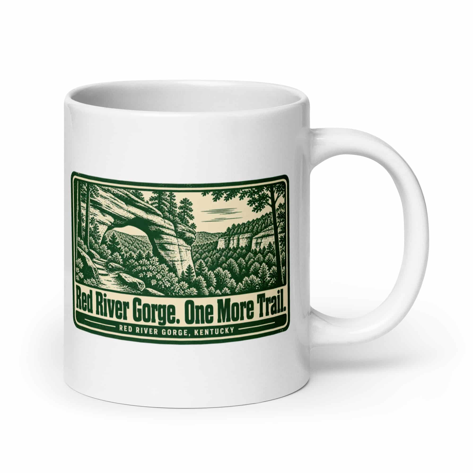 Red River Gorge White Ceramic Coffee Mug: Red River Gorge. One More Trail, Forest Ink Stamp