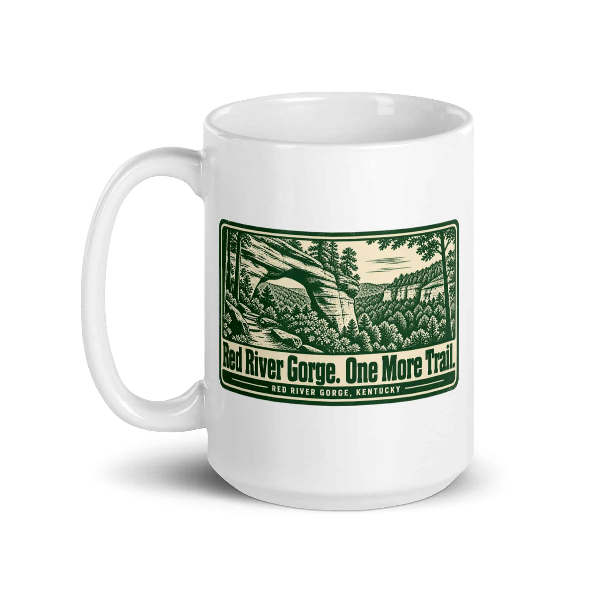 Red River Gorge White Ceramic Coffee Mug: Red River Gorge. One More Trail, Forest Ink Stamp