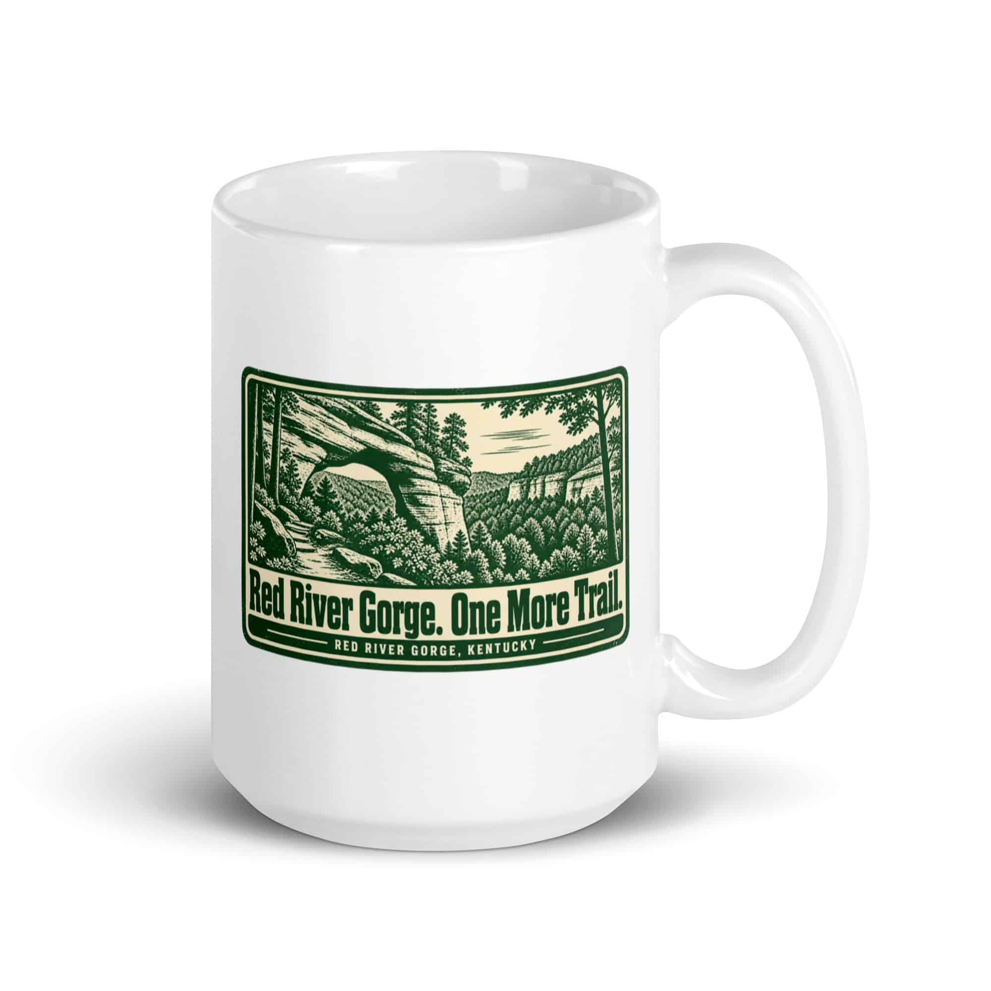 Red River Gorge White Ceramic Coffee Mug: Red River Gorge. One More Trail, Forest Ink Stamp