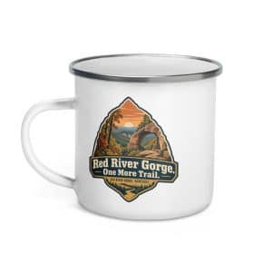 Red River Gorge Enamel Camp Mug: Red River Gorge. One More Trail, Scenic Shield Badge - 12 oz - Left