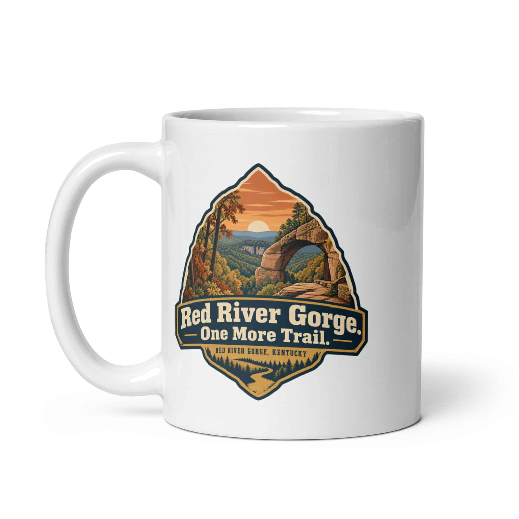 Red River Gorge White Ceramic Coffee Mug: Red River Gorge. One More Trail, Scenic Shield Badge