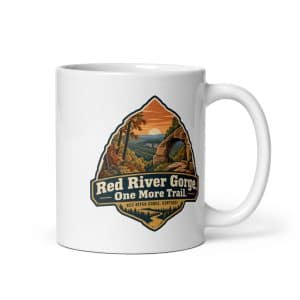 Red River Gorge White Ceramic Coffee Mug: Red River Gorge. One More Trail, Scenic Shield Badge - 11 oz - Main
