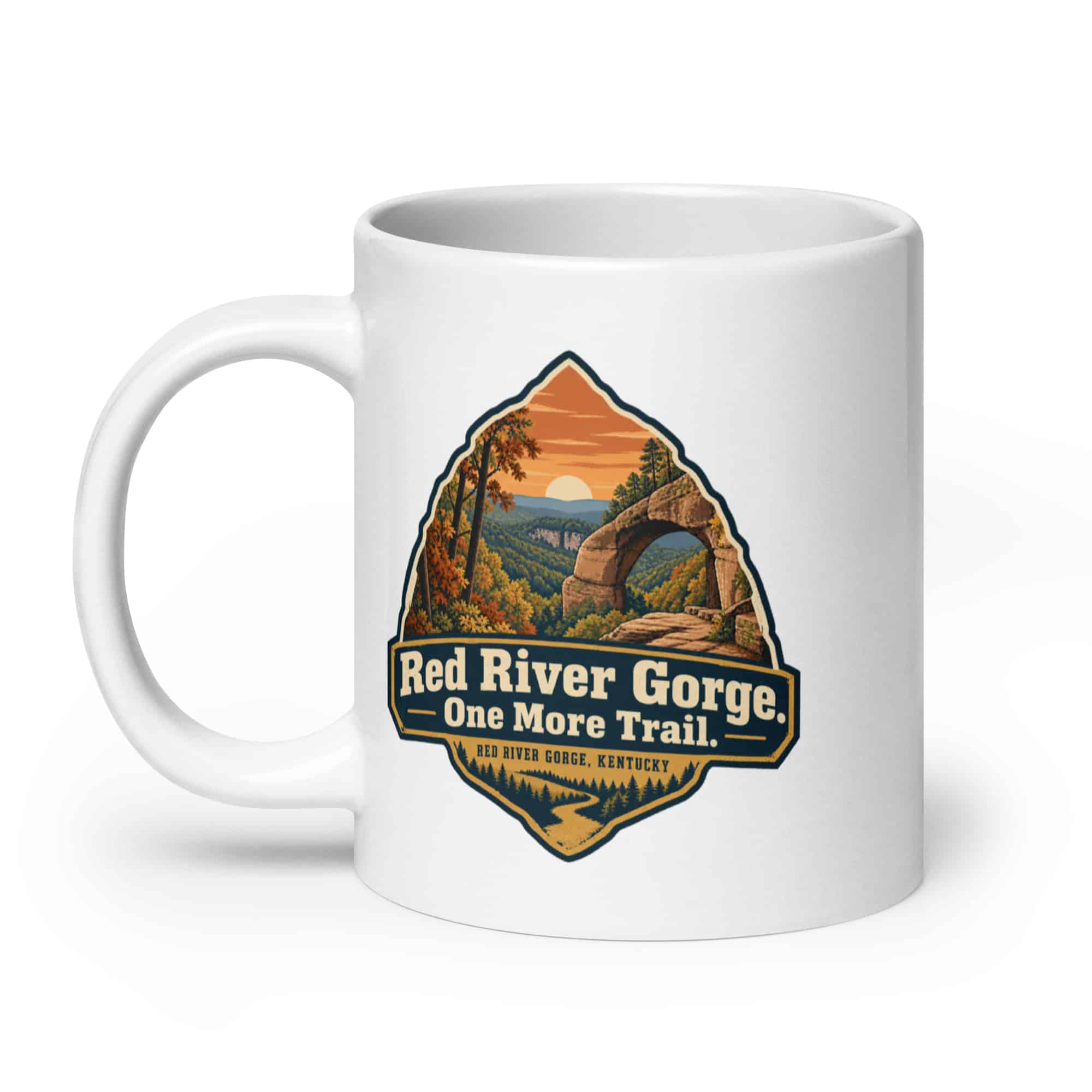 Red River Gorge White Ceramic Coffee Mug: Red River Gorge. One More Trail, Scenic Shield Badge