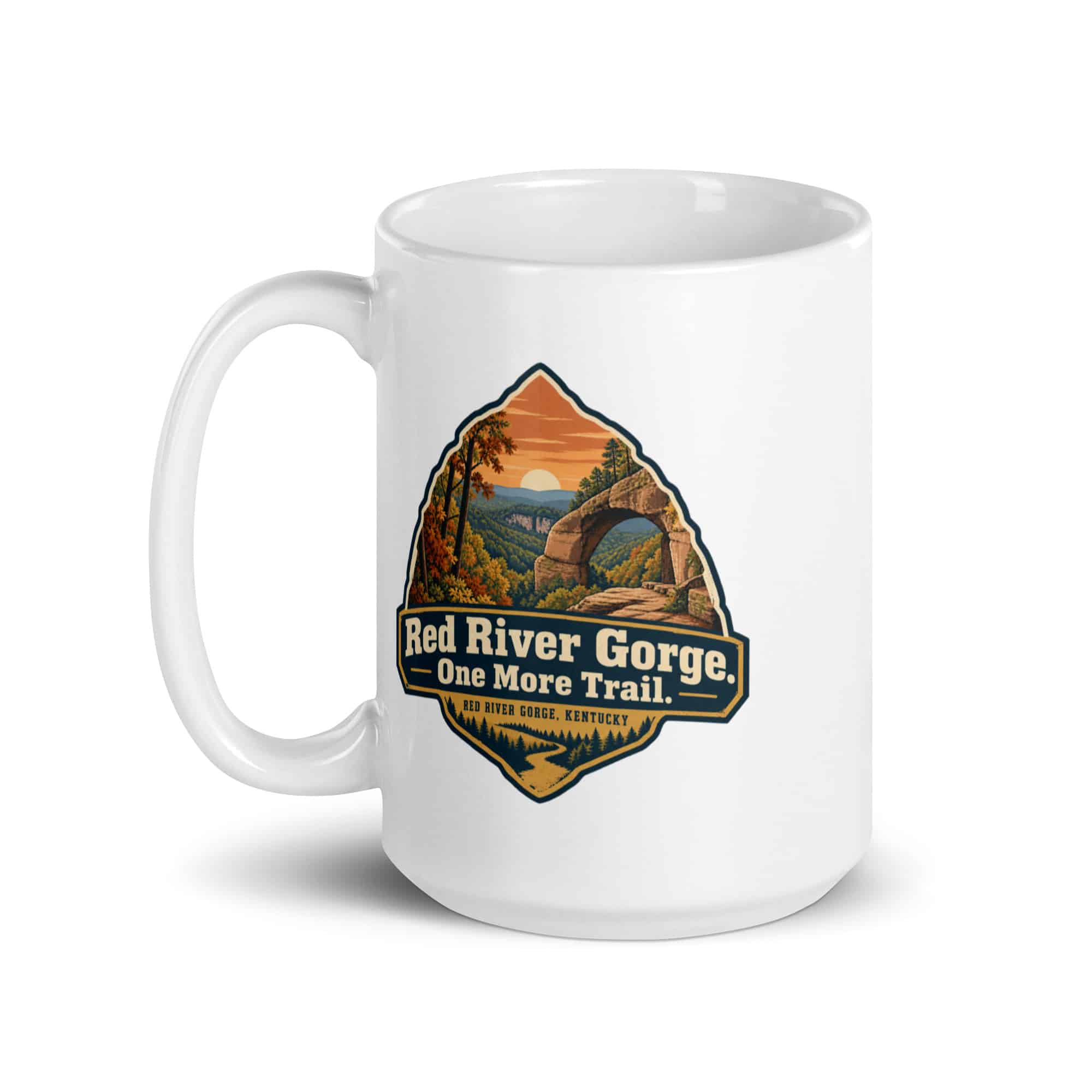 Red River Gorge White Ceramic Coffee Mug: Red River Gorge. One More Trail, Scenic Shield Badge