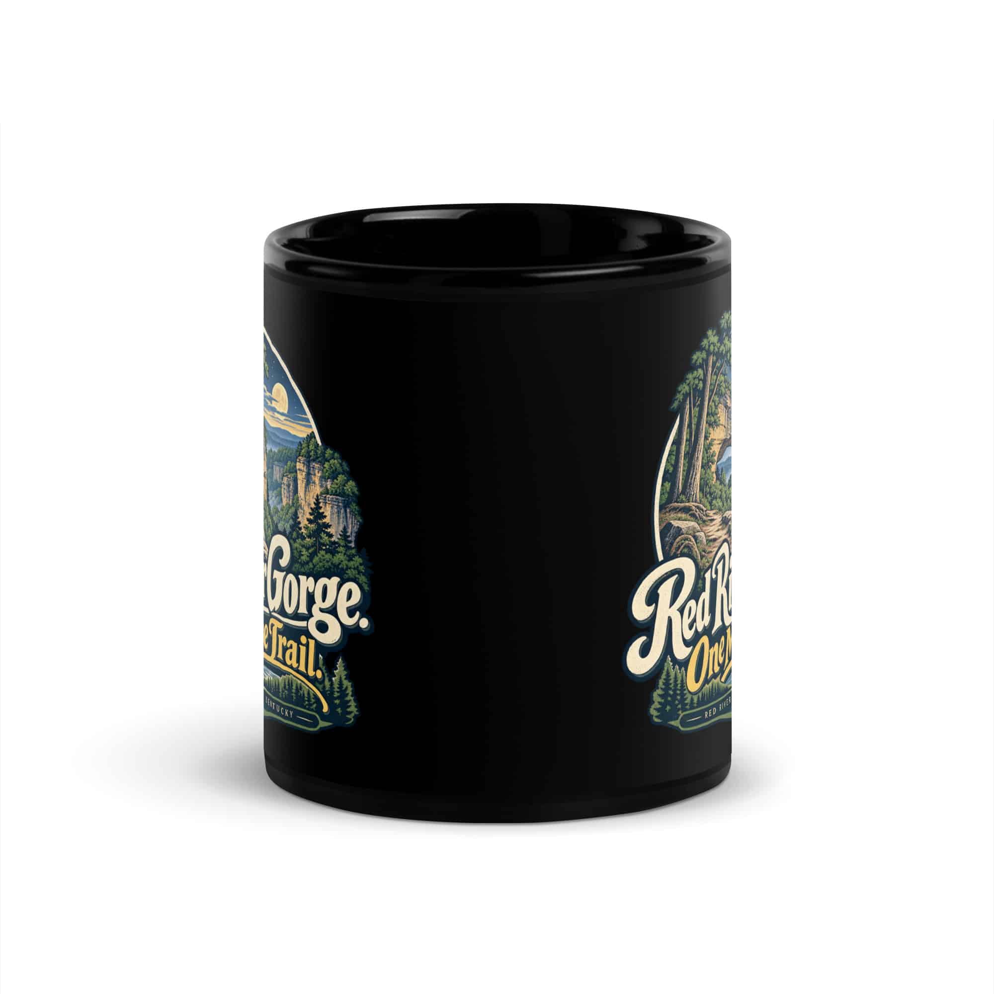 Red River Gorge Black Coffee Mug: Red River Gorge. One More Trail, Woodland Scenic Lettering