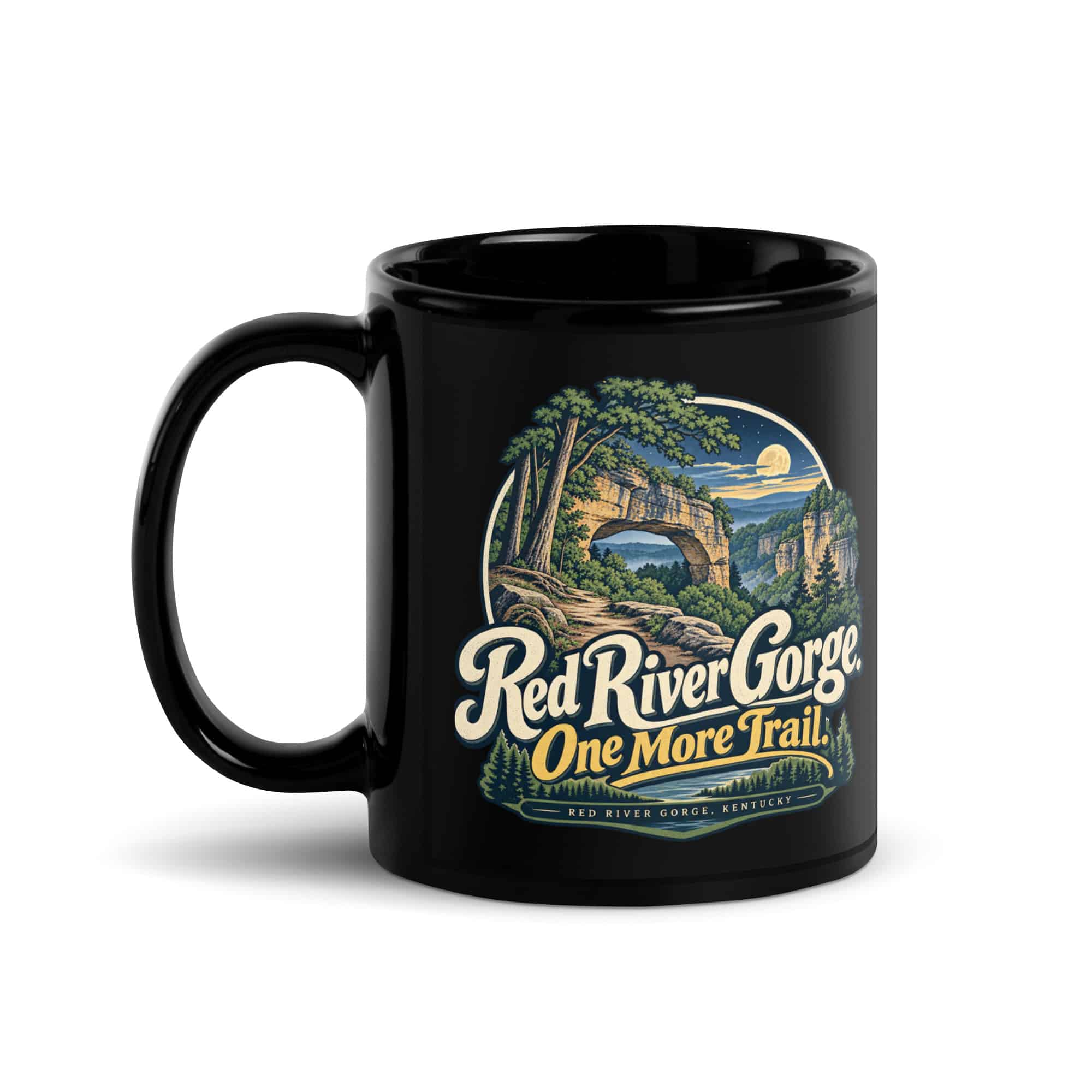 Red River Gorge Black Coffee Mug: Red River Gorge. One More Trail, Woodland Scenic Lettering