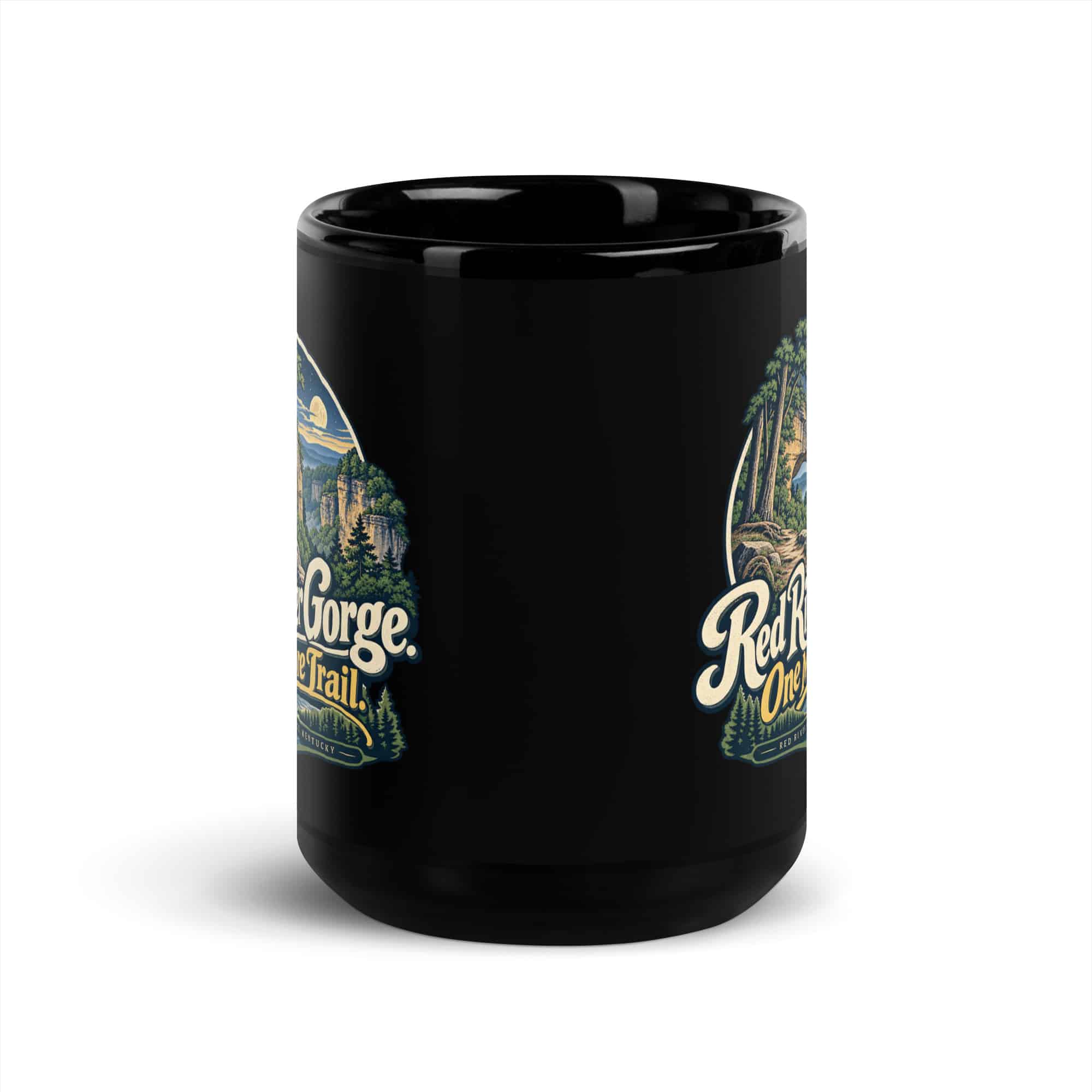 Red River Gorge Black Coffee Mug: Red River Gorge. One More Trail, Woodland Scenic Lettering