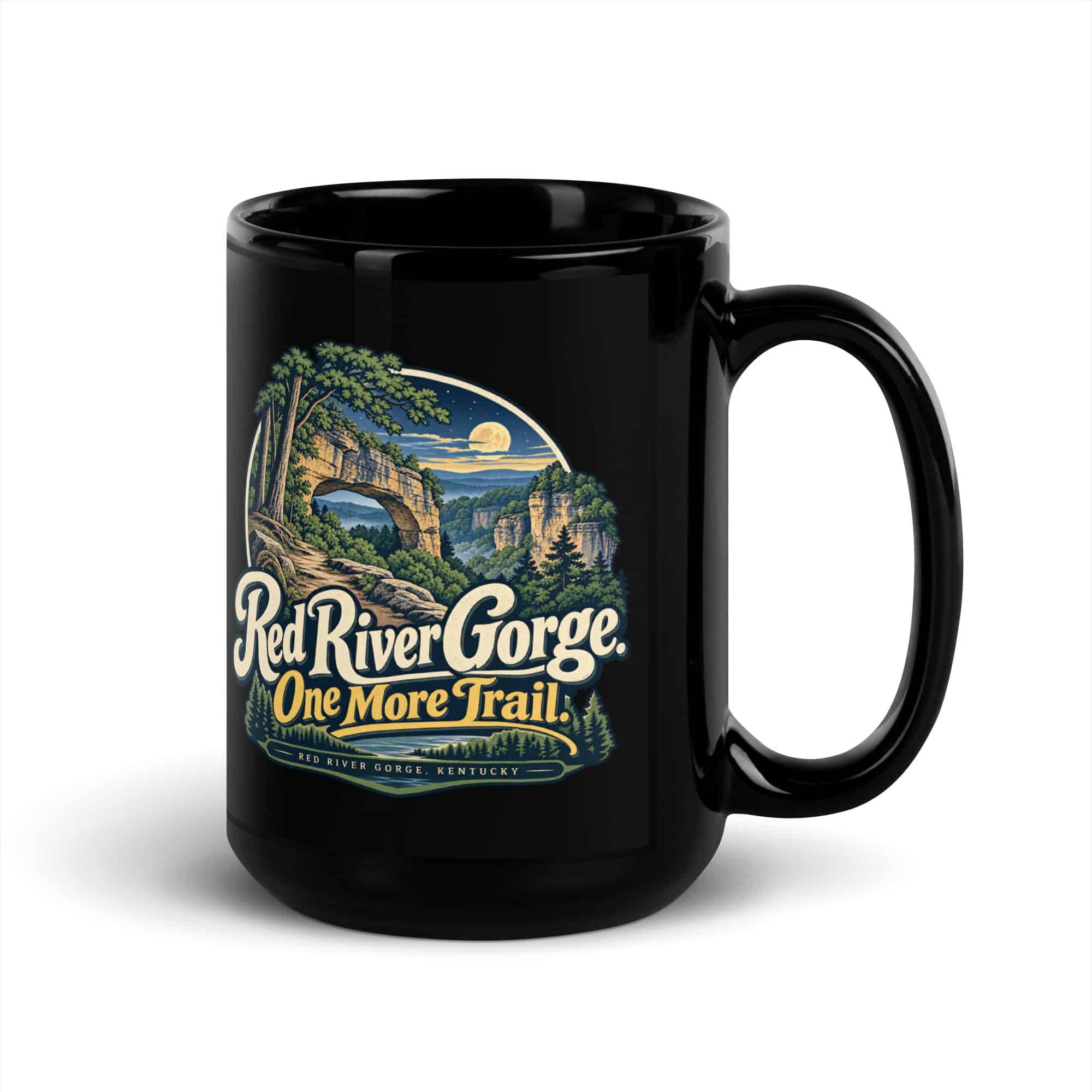 Red River Gorge Black Coffee Mug: Red River Gorge. One More Trail, Woodland Scenic Lettering