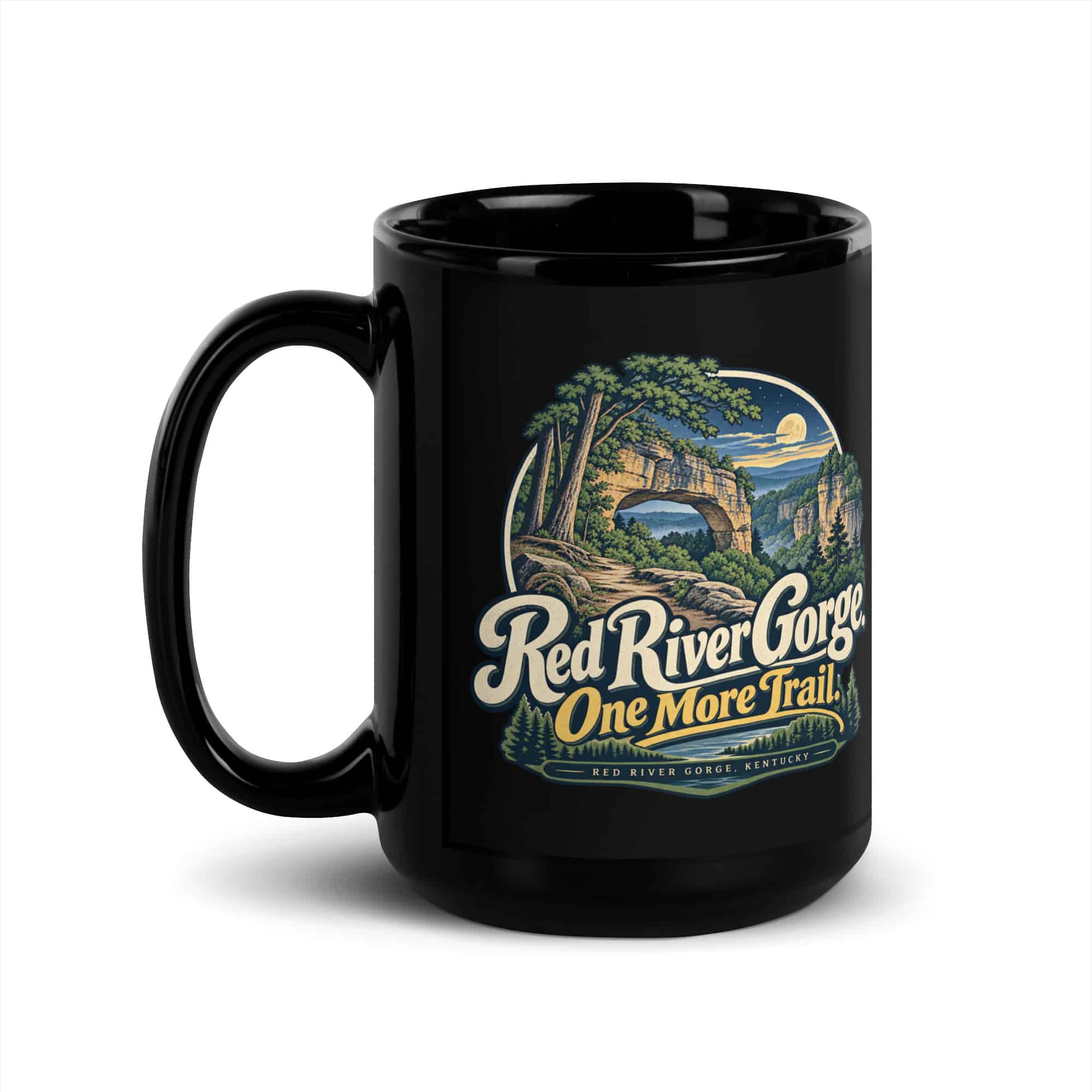 Red River Gorge Black Coffee Mug: Red River Gorge. One More Trail, Woodland Scenic Lettering