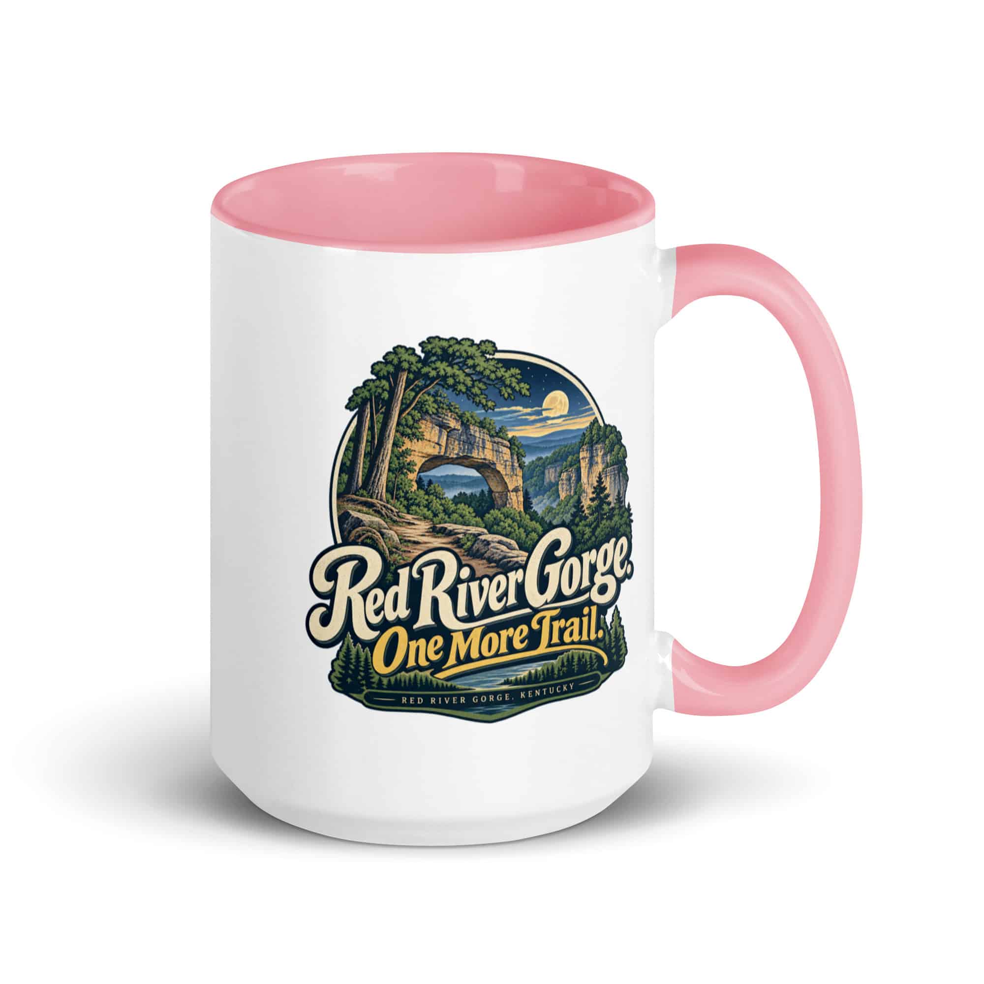 Red River Gorge Color Inside Coffee Mug: Red River Gorge. One More Trail, Woodland Scenic Lettering