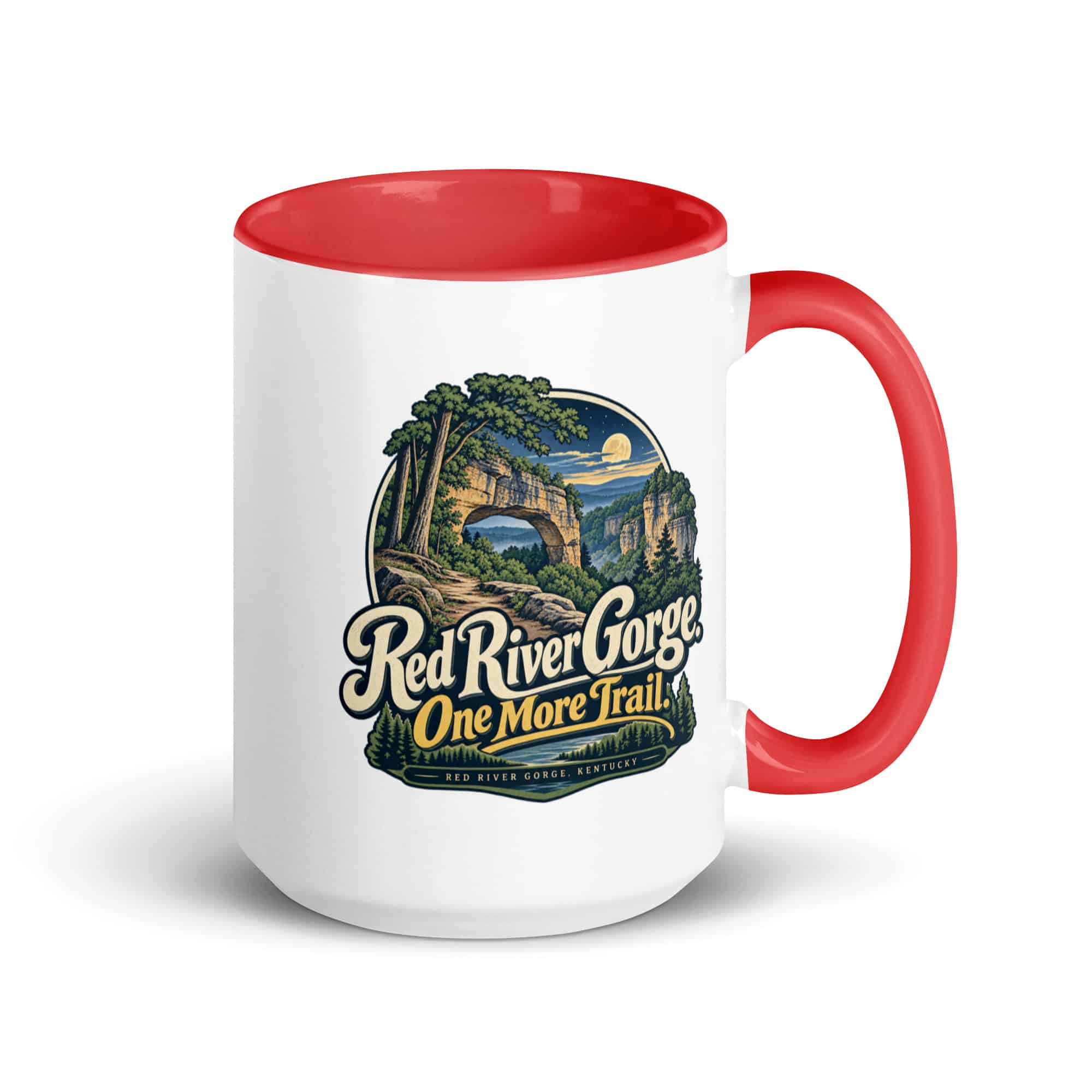 Red River Gorge Color Inside Coffee Mug: Red River Gorge. One More Trail, Woodland Scenic Lettering