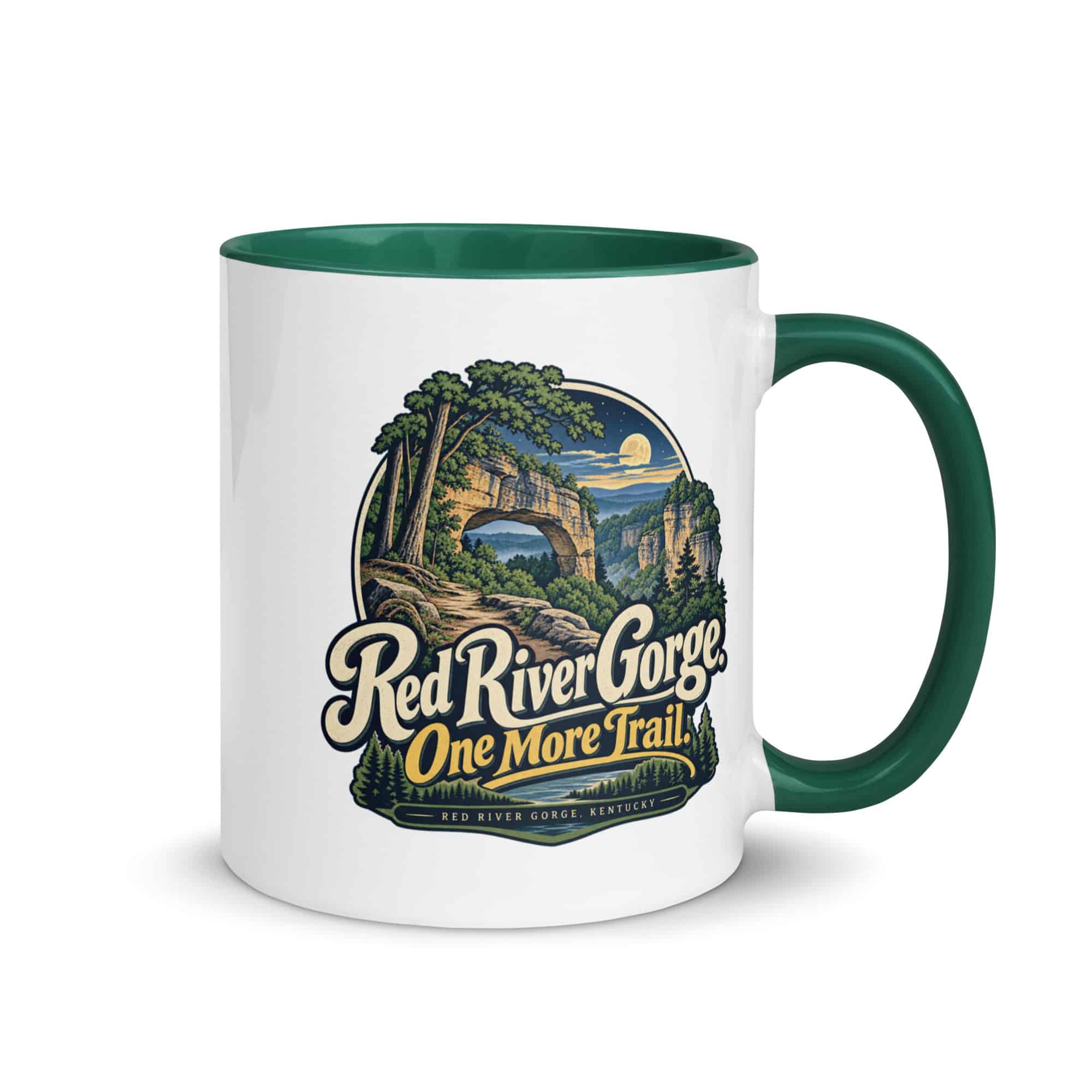 Red River Gorge Color Inside Coffee Mug: Red River Gorge. One More Trail, Woodland Scenic Lettering