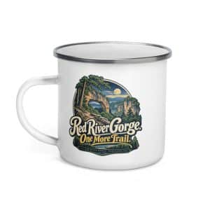 Red River Gorge Enamel Camp Mug: Red River Gorge. One More Trail, Woodland Scenic Lettering - 12 oz - Left