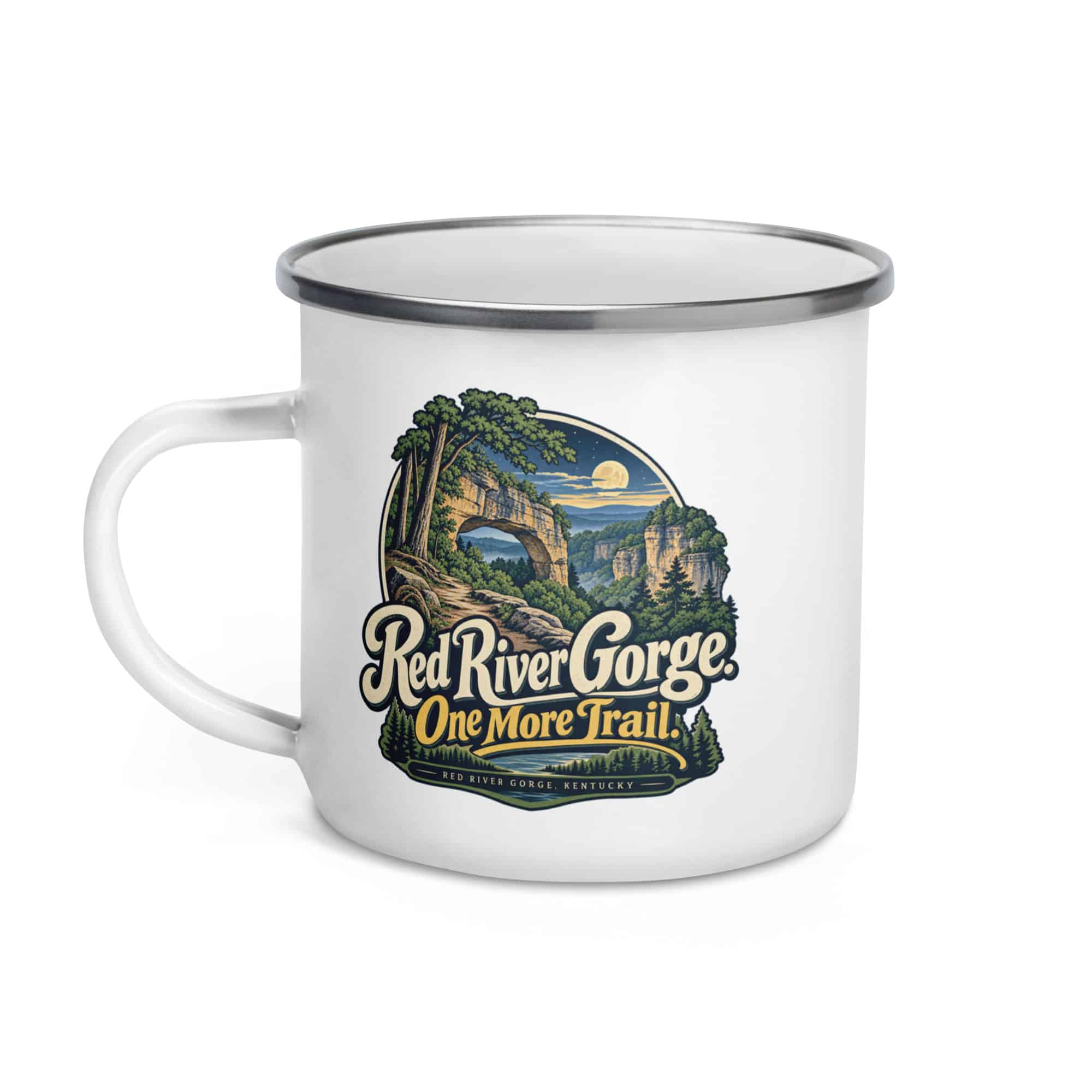 Red River Gorge Enamel Camp Mug: Red River Gorge. One More Trail, Woodland Scenic Lettering