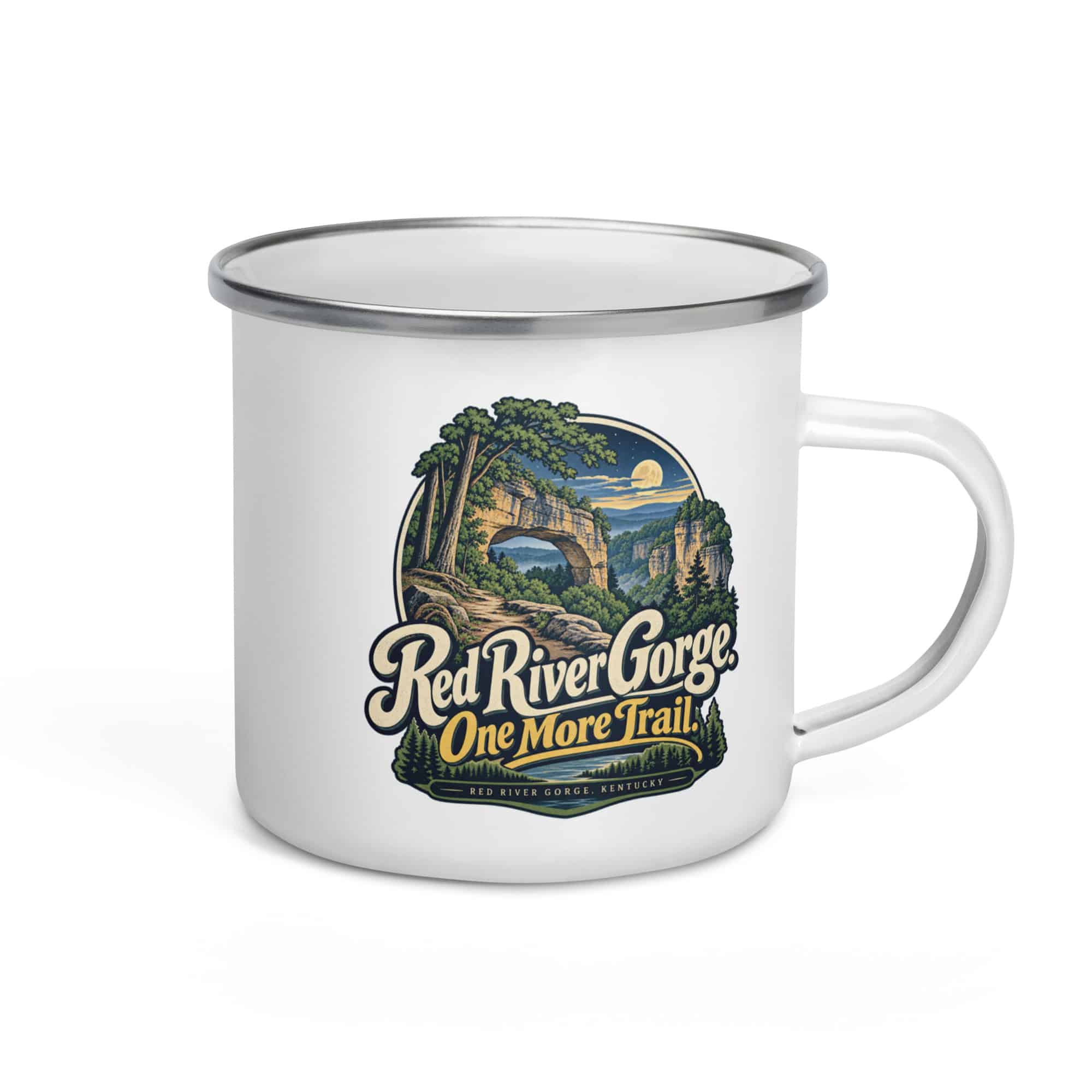 Red River Gorge Enamel Camp Mug: Red River Gorge. One More Trail, Woodland Scenic Lettering