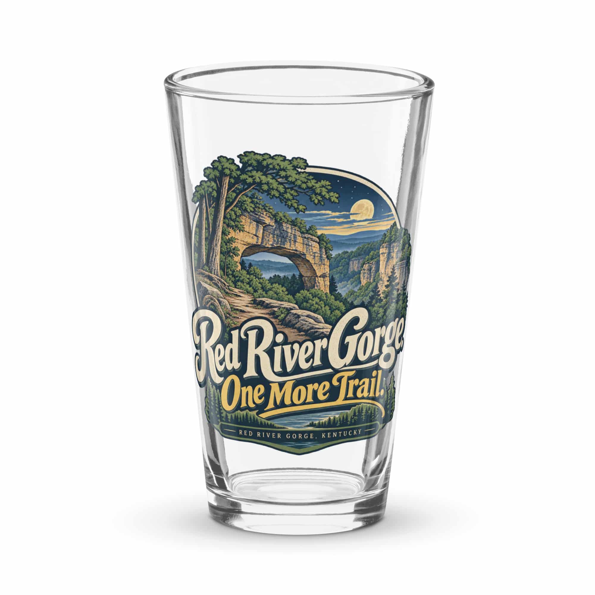 Red River Gorge Pint Glass: Red River Gorge. One More Trail, Woodland Scenic Lettering
