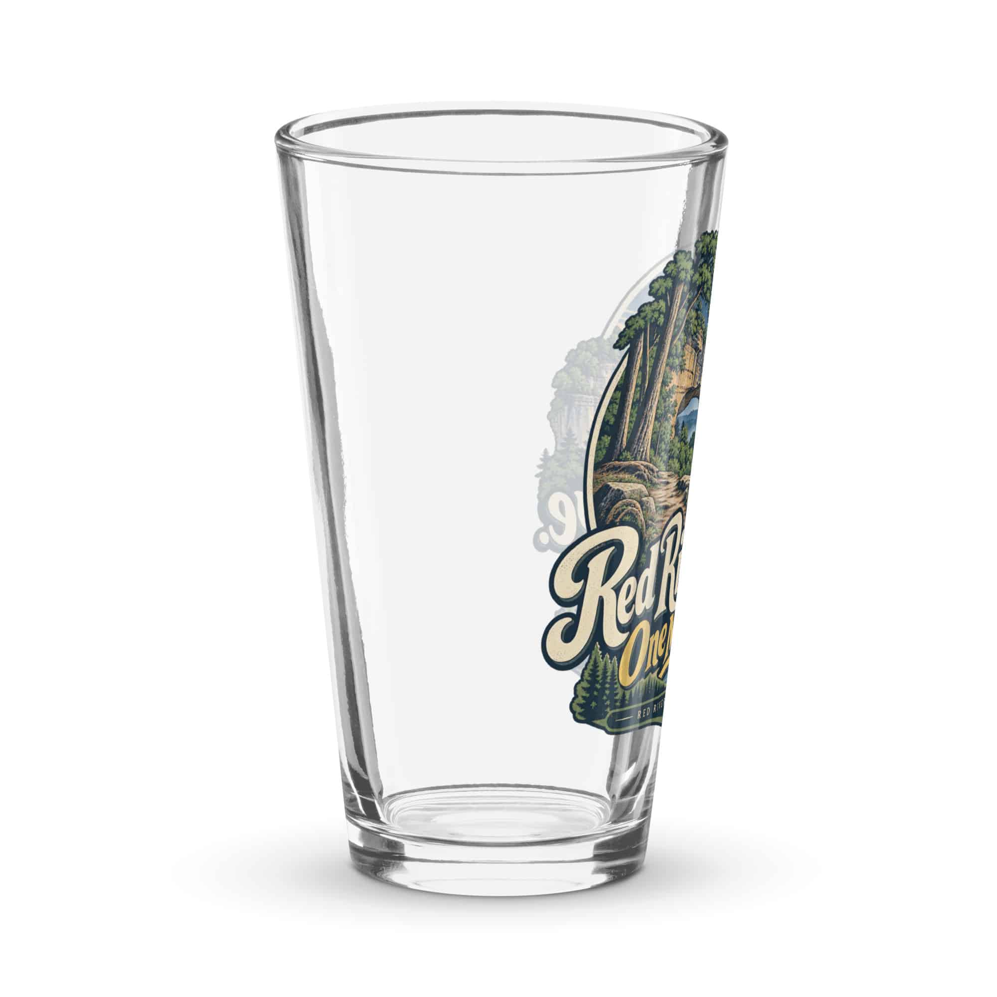 Red River Gorge Pint Glass: Red River Gorge. One More Trail, Woodland Scenic Lettering