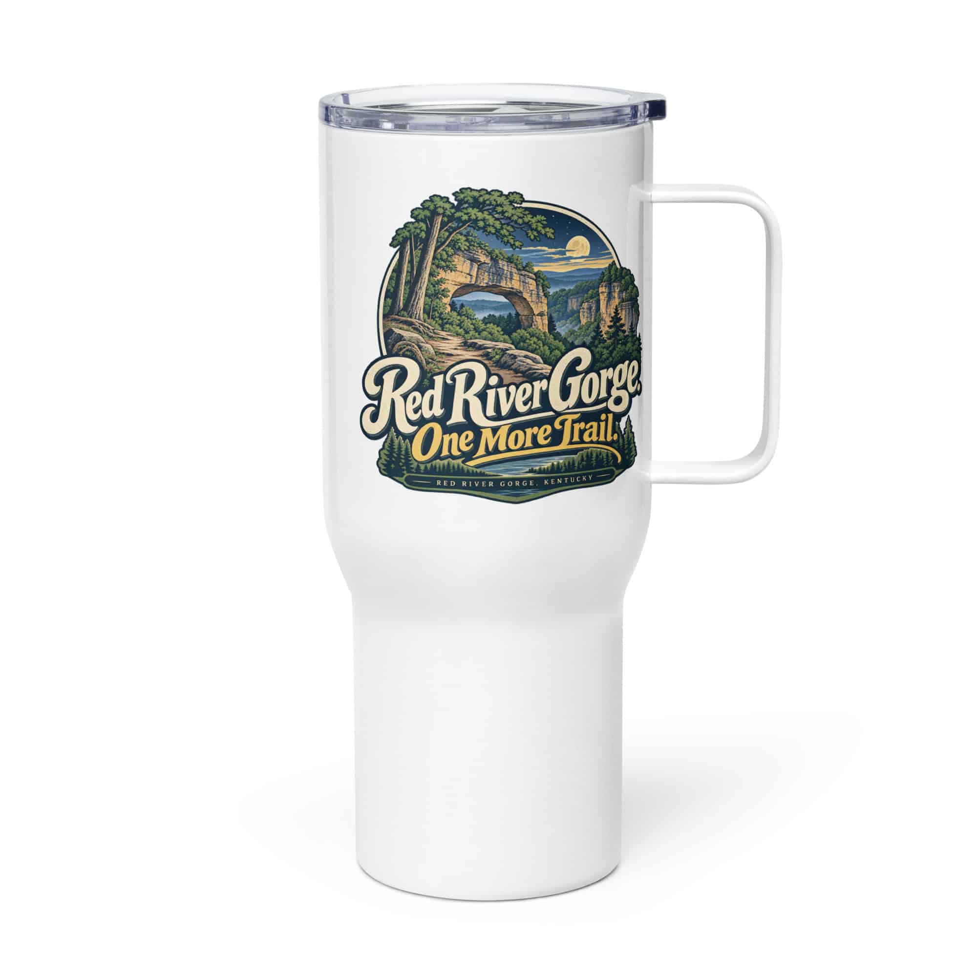 Red River Gorge Travel Mug: Red River Gorge. One More Trail, Woodland Scenic Lettering