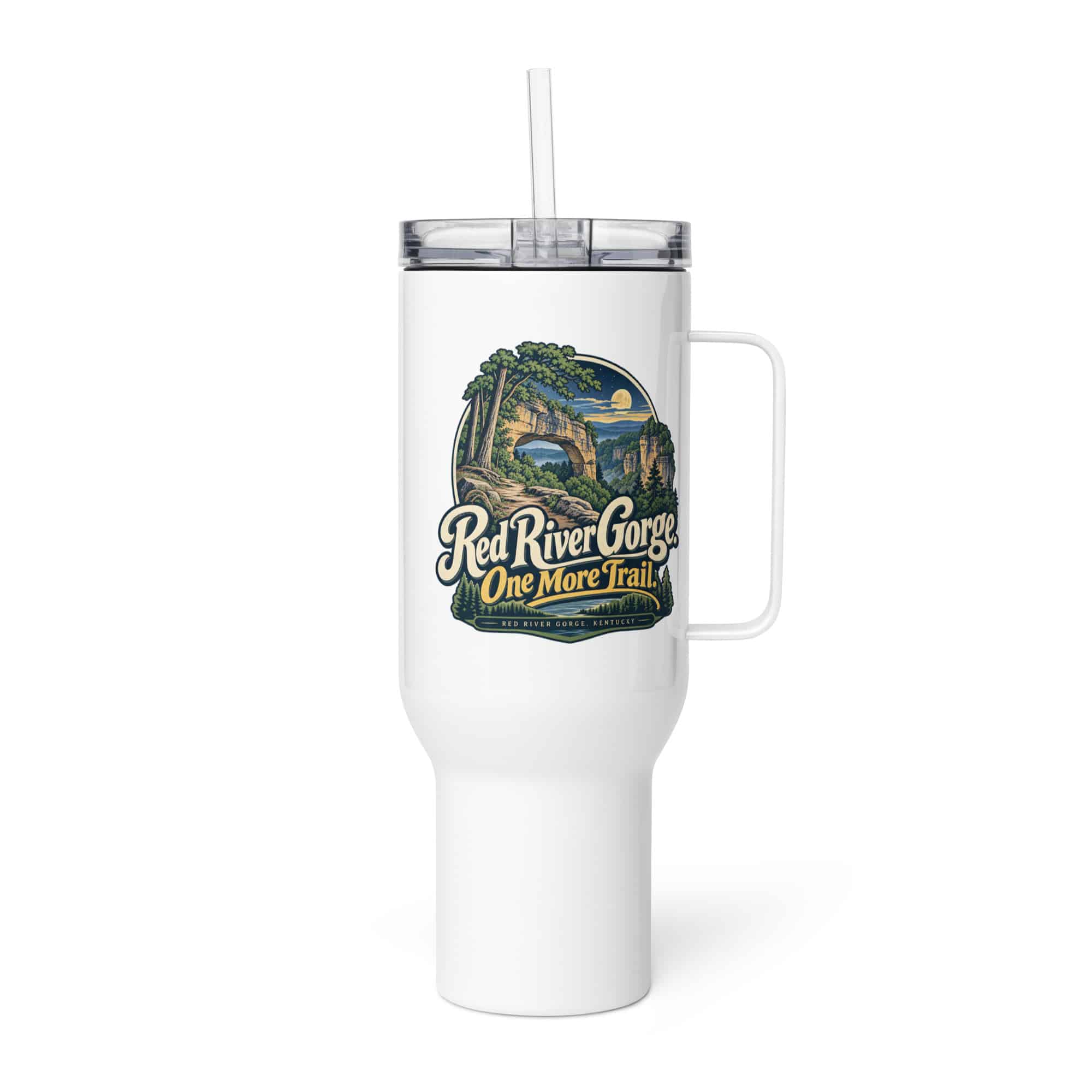Red River Gorge Travel Mug: Red River Gorge. One More Trail, Woodland Scenic Lettering
