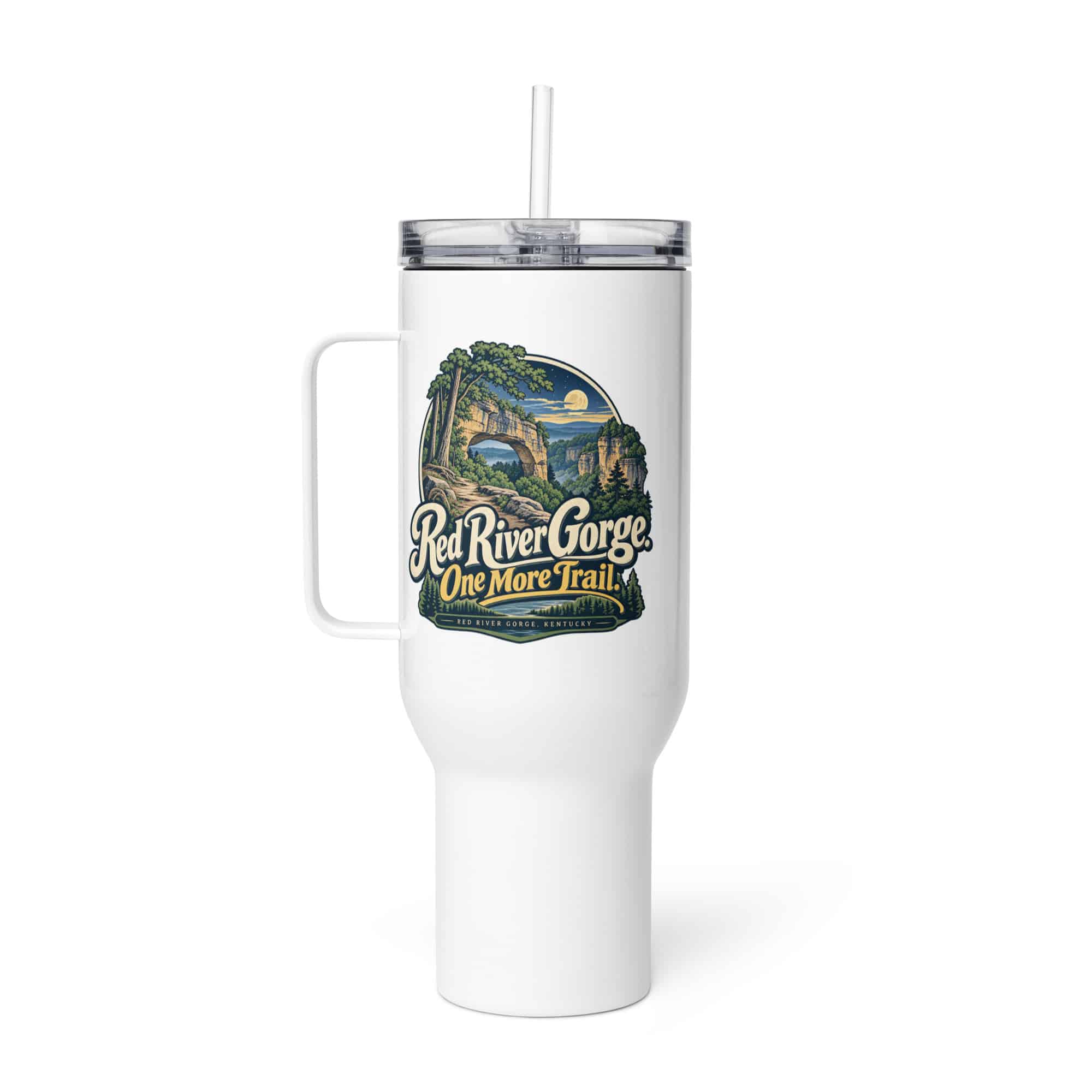 Red River Gorge Travel Mug: Red River Gorge. One More Trail, Woodland Scenic Lettering