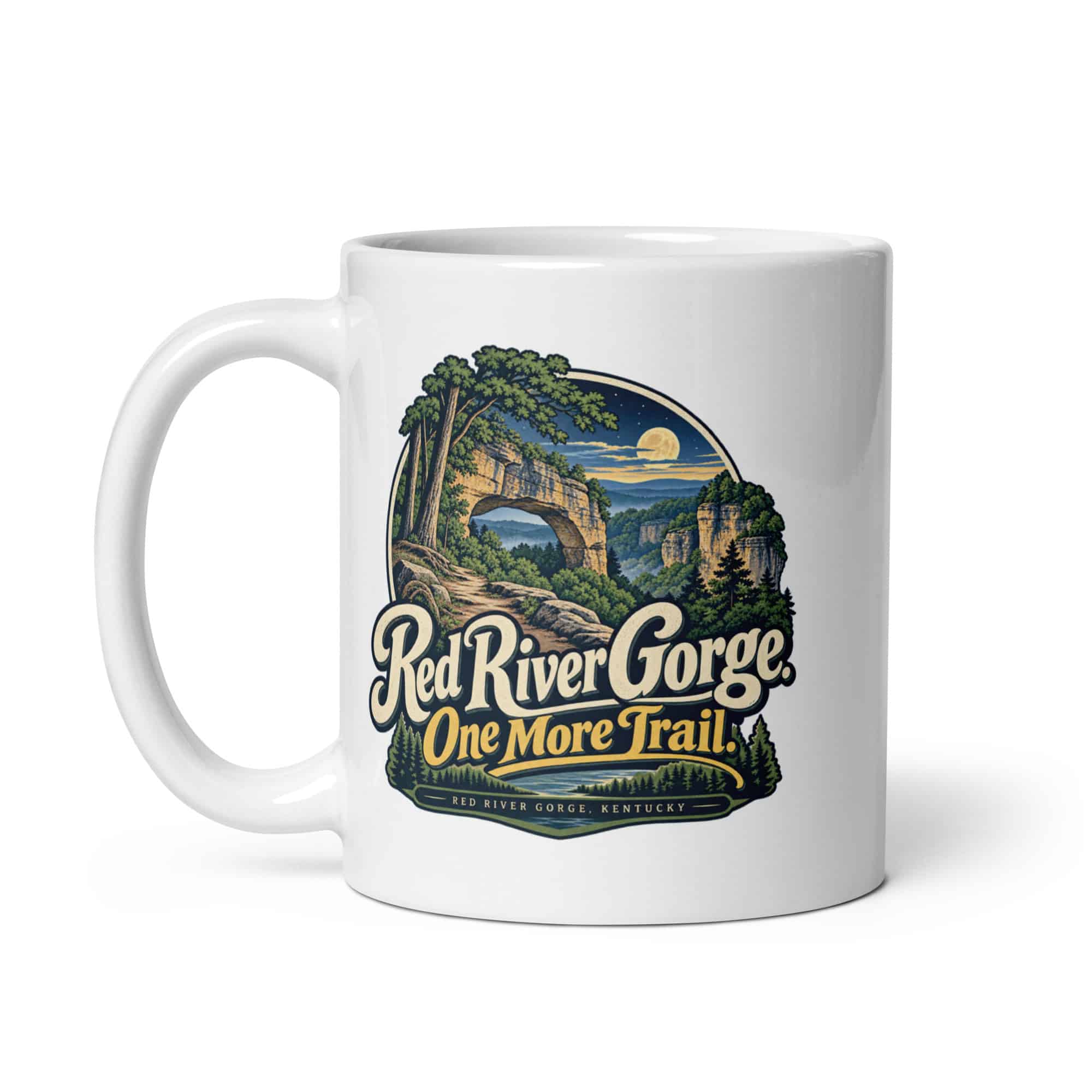 Red River Gorge White Ceramic Coffee Mug: Red River Gorge. One More Trail, Woodland Scenic Lettering