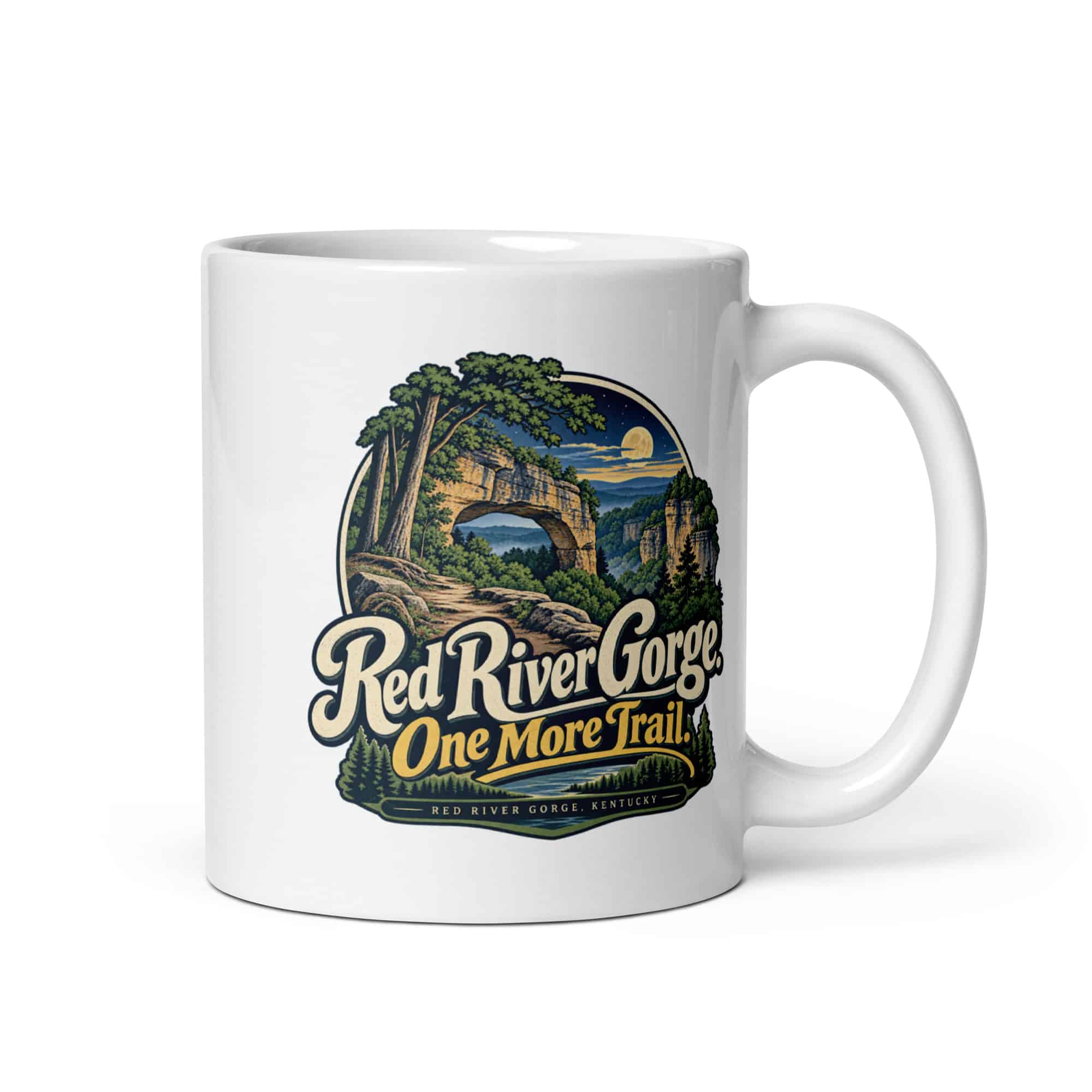 Red River Gorge White Ceramic Coffee Mug: Red River Gorge. One More Trail, Woodland Scenic Lettering