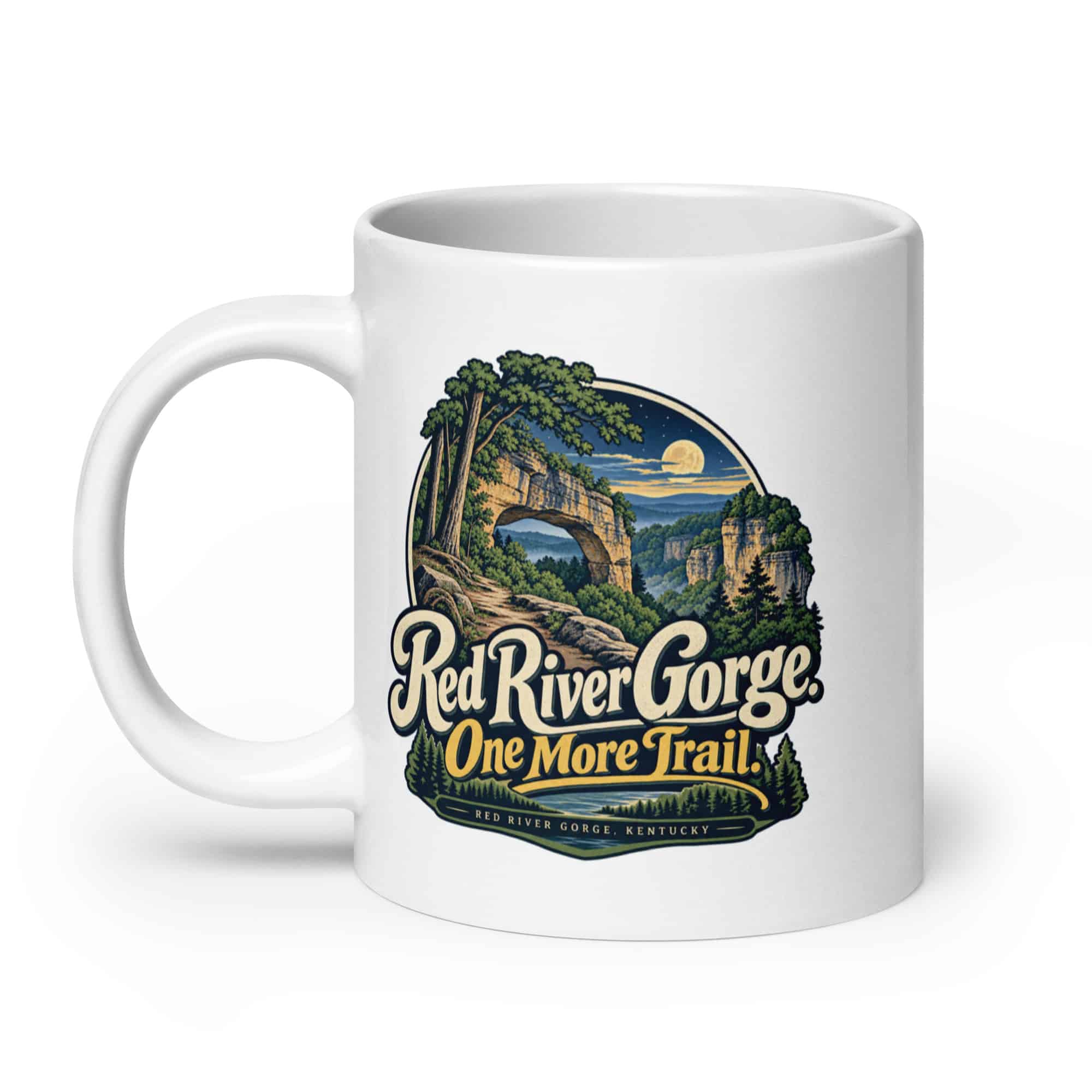 Red River Gorge White Ceramic Coffee Mug: Red River Gorge. One More Trail, Woodland Scenic Lettering