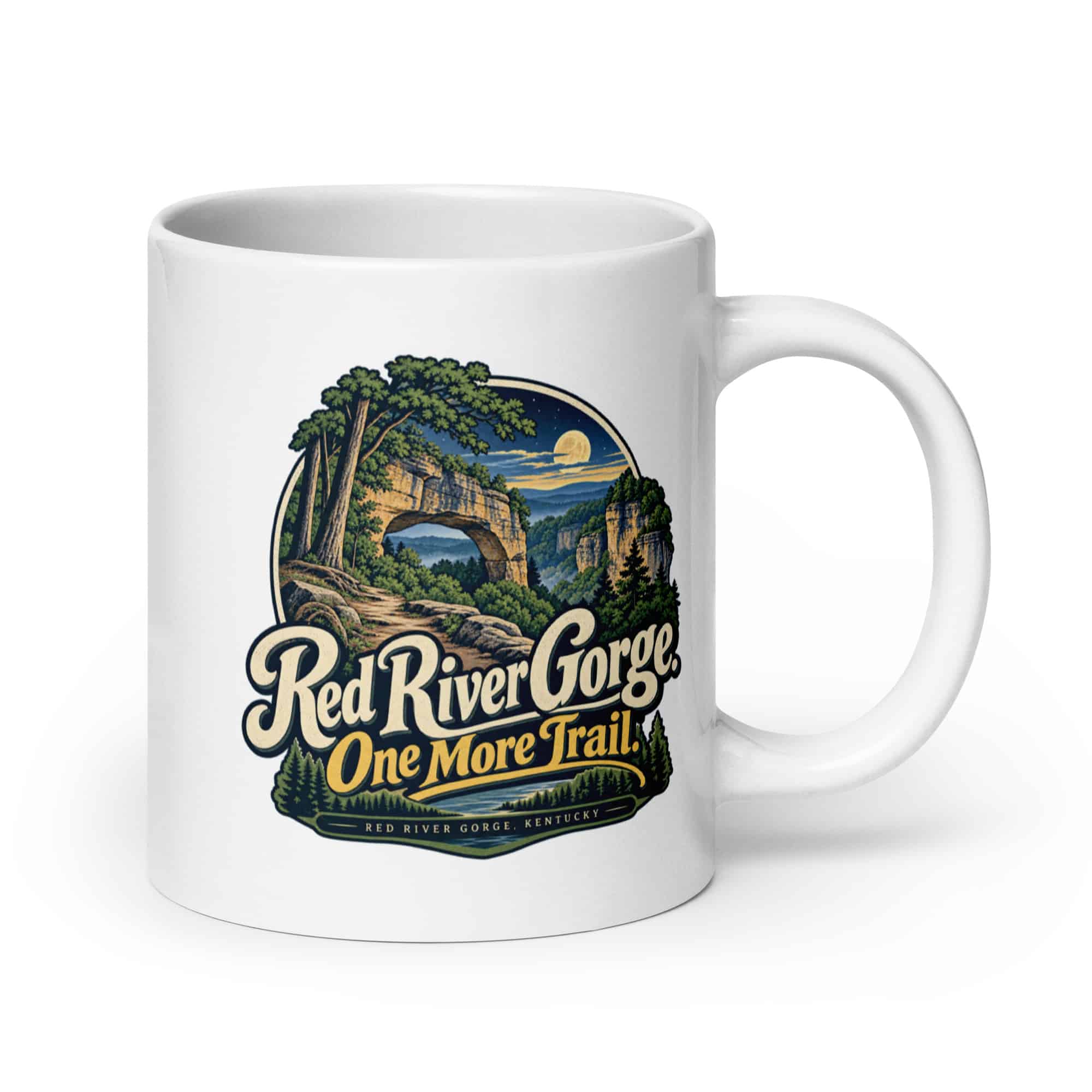 Red River Gorge White Ceramic Coffee Mug: Red River Gorge. One More Trail, Woodland Scenic Lettering