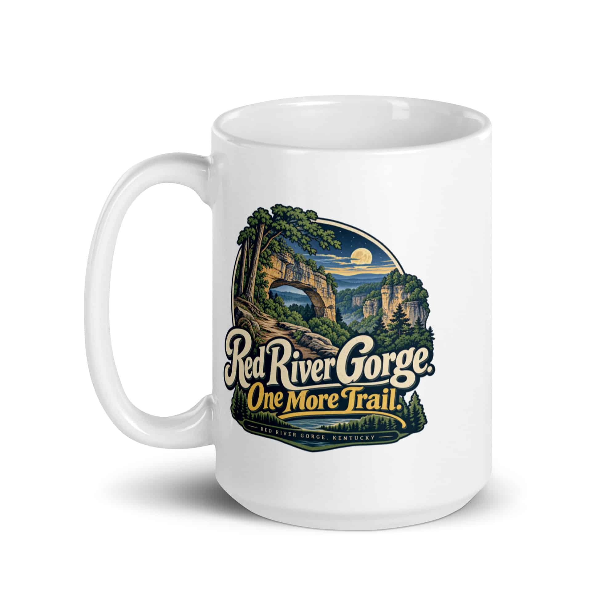 Red River Gorge White Ceramic Coffee Mug: Red River Gorge. One More Trail, Woodland Scenic Lettering