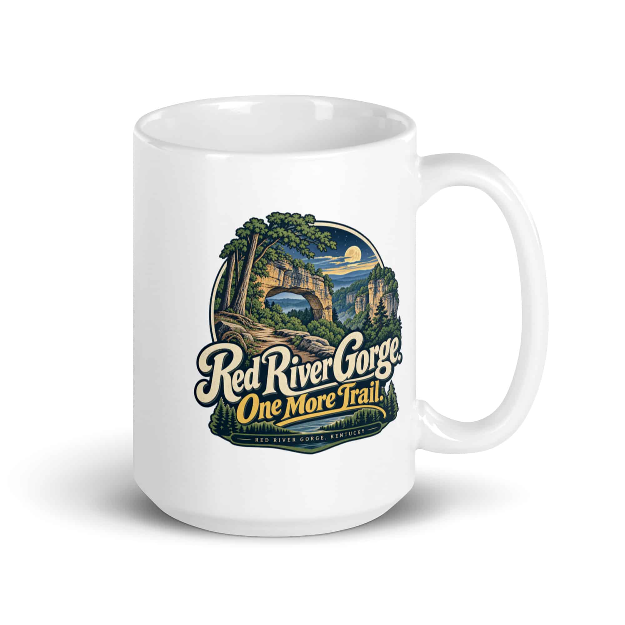 Red River Gorge White Ceramic Coffee Mug: Red River Gorge. One More Trail, Woodland Scenic Lettering