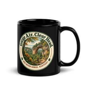 Red River Gorge Black Coffee Mug: Gorge Air. Clear Head, Vintage Round Badge - 11 oz - Handle on Right