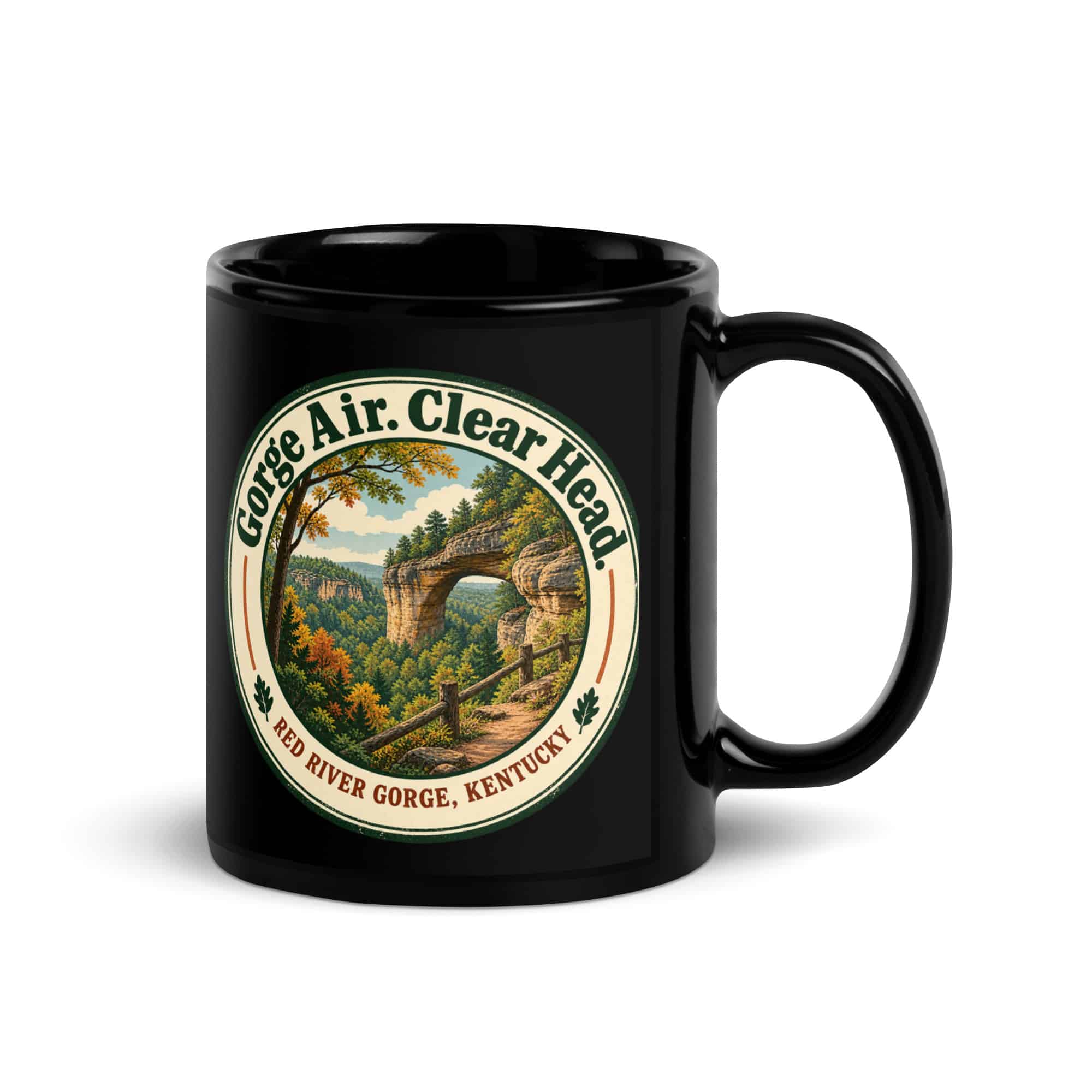Red River Gorge Black Coffee Mug: Gorge Air. Clear Head, Vintage Round Badge