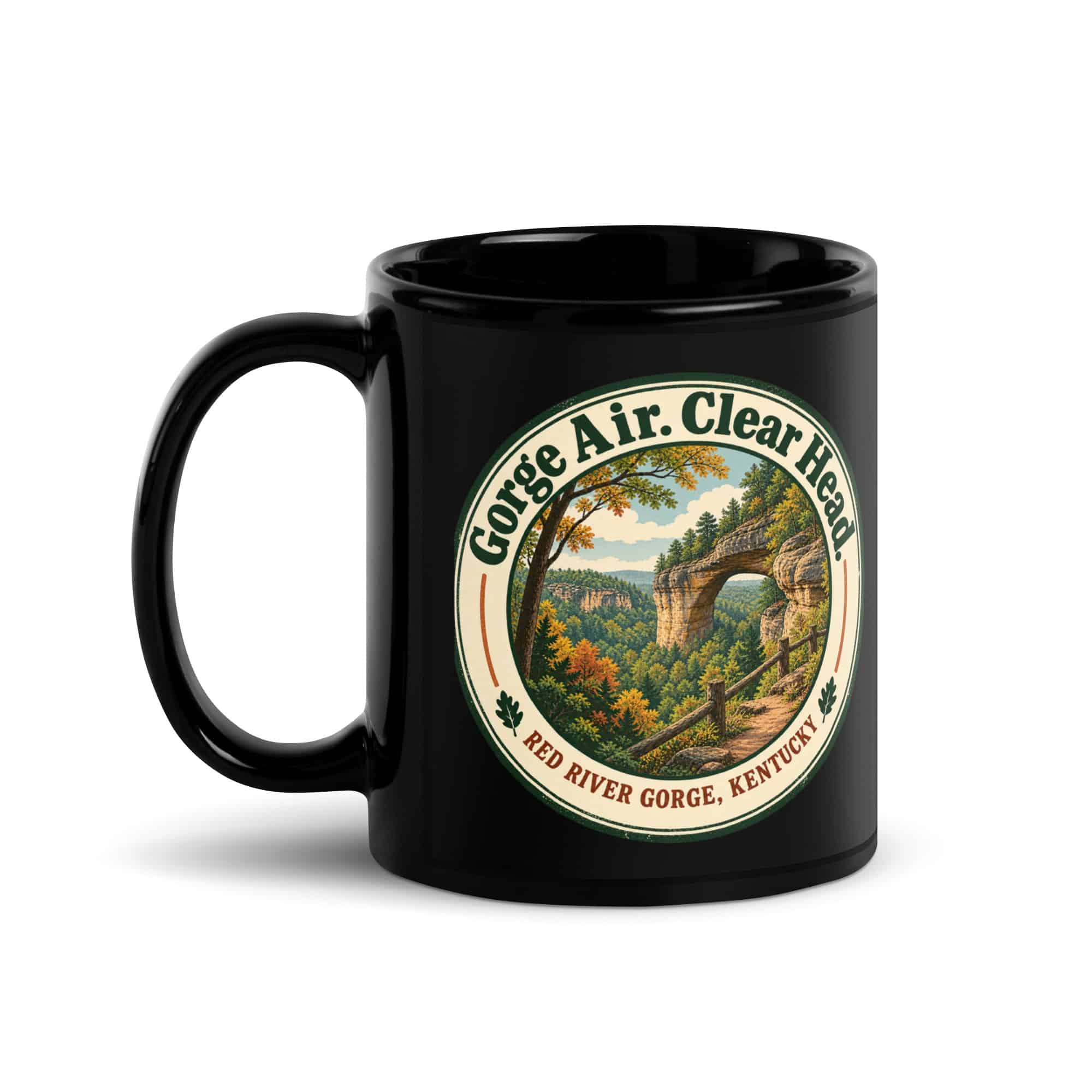 Red River Gorge Black Coffee Mug: Gorge Air. Clear Head, Vintage Round Badge