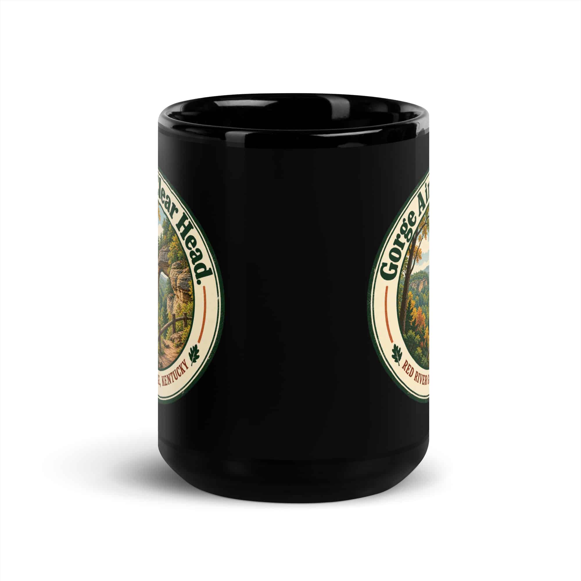 Red River Gorge Black Coffee Mug: Gorge Air. Clear Head, Vintage Round Badge
